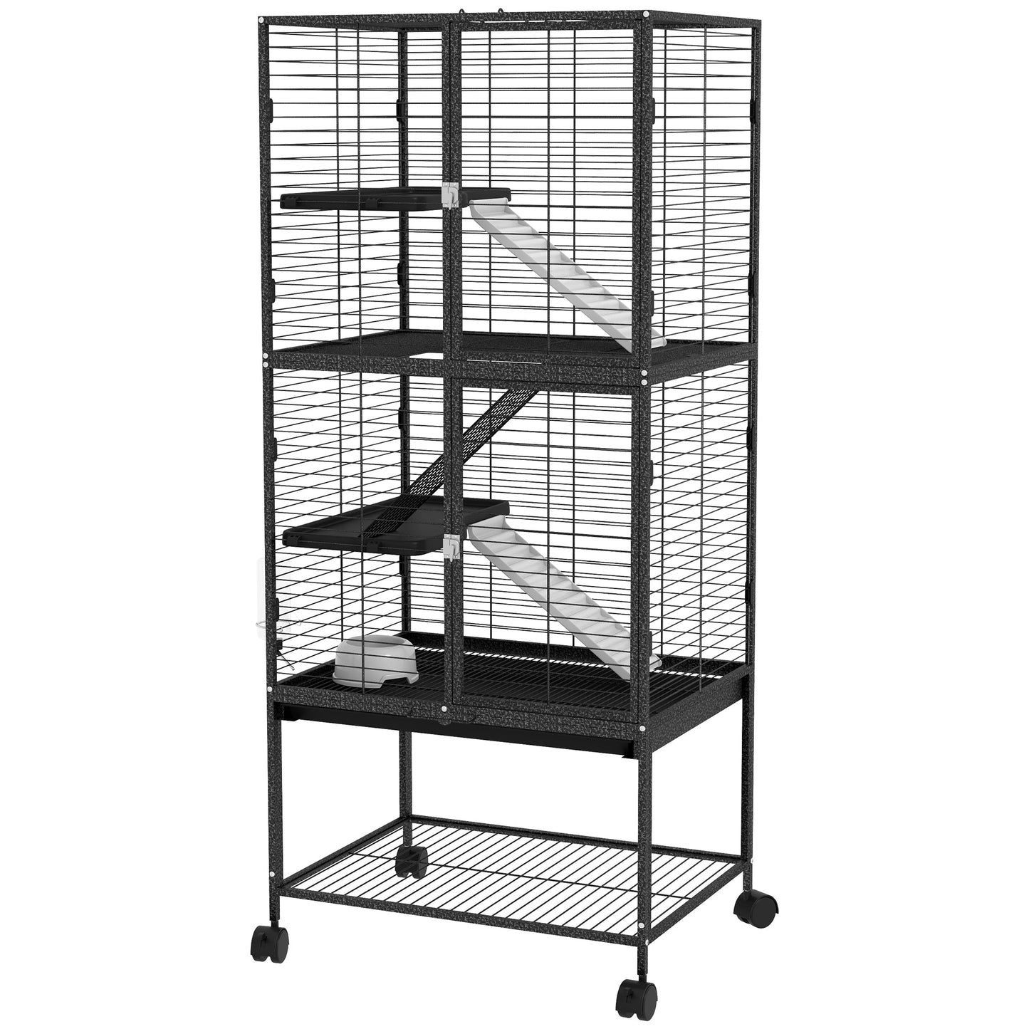 Ferret Cage Rolling Small Animal Cage 4 Levels Pet Cage 136cm Height for Chinchillas, Squirrels with 3 Doors, Storage Shelf, Tray, Bowl, Water Bottle, Ramps - Charcoal Grey