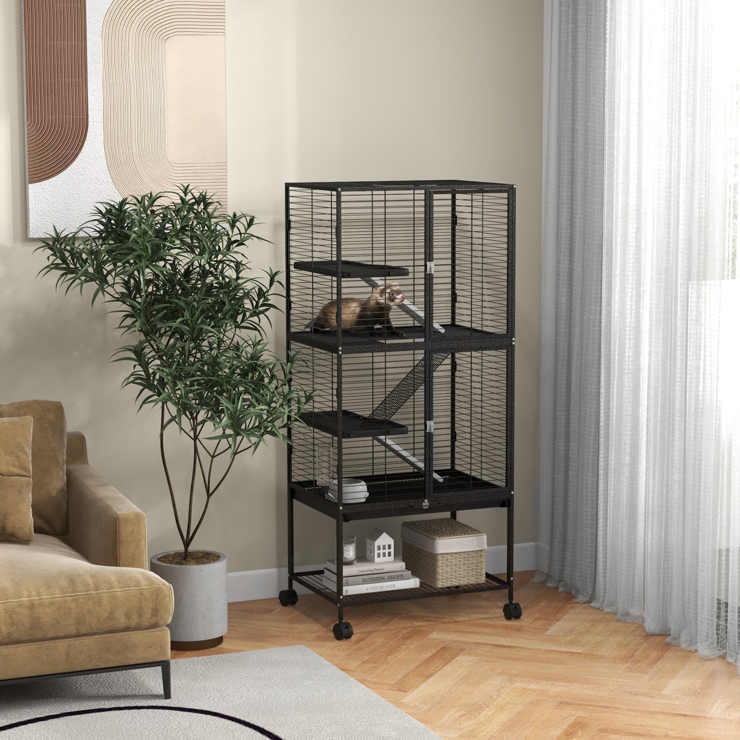 Ferret Cage Rolling Small Animal Cage 4 Levels Pet Cage 136cm Height for Chinchillas, Squirrels with 3 Doors, Storage Shelf, Tray, Bowl, Water Bottle, Ramps - Charcoal Grey
