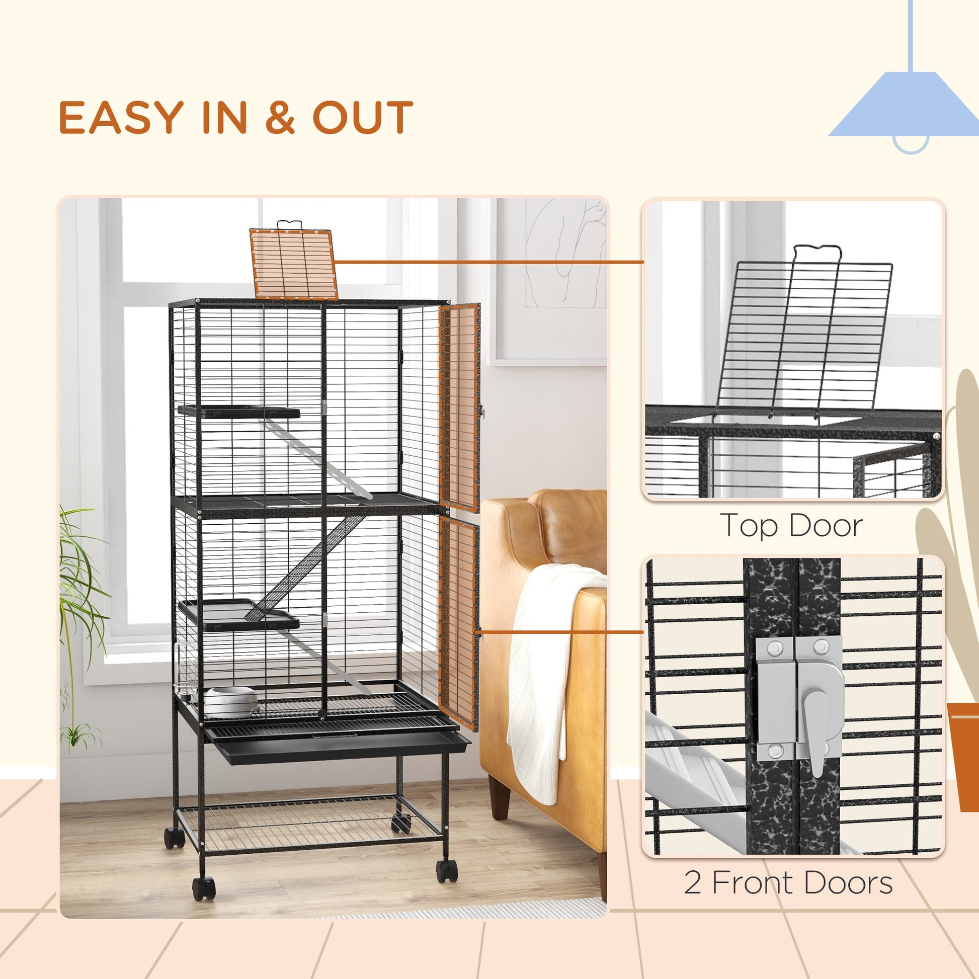 Ferret Cage Rolling Small Animal Cage 4 Levels Pet Cage 136cm Height for Chinchillas, Squirrels with 3 Doors, Storage Shelf, Tray, Bowl, Water Bottle, Ramps - Charcoal Grey