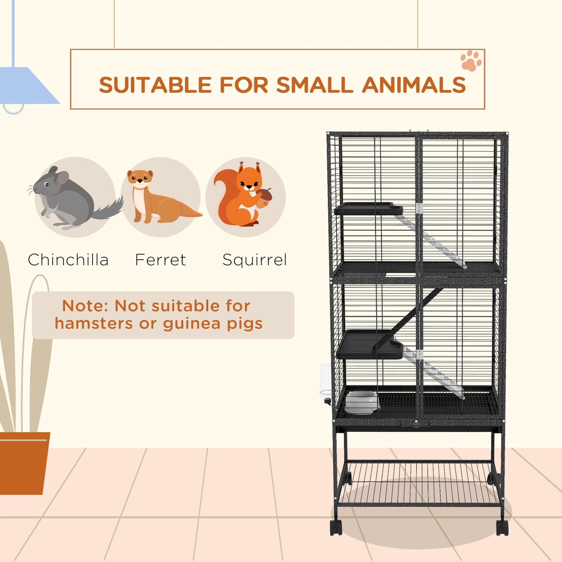 Ferret Cage Rolling Small Animal Cage 4 Levels Pet Cage 136cm Height for Chinchillas, Squirrels with 3 Doors, Storage Shelf, Tray, Bowl, Water Bottle, Ramps - Charcoal Grey