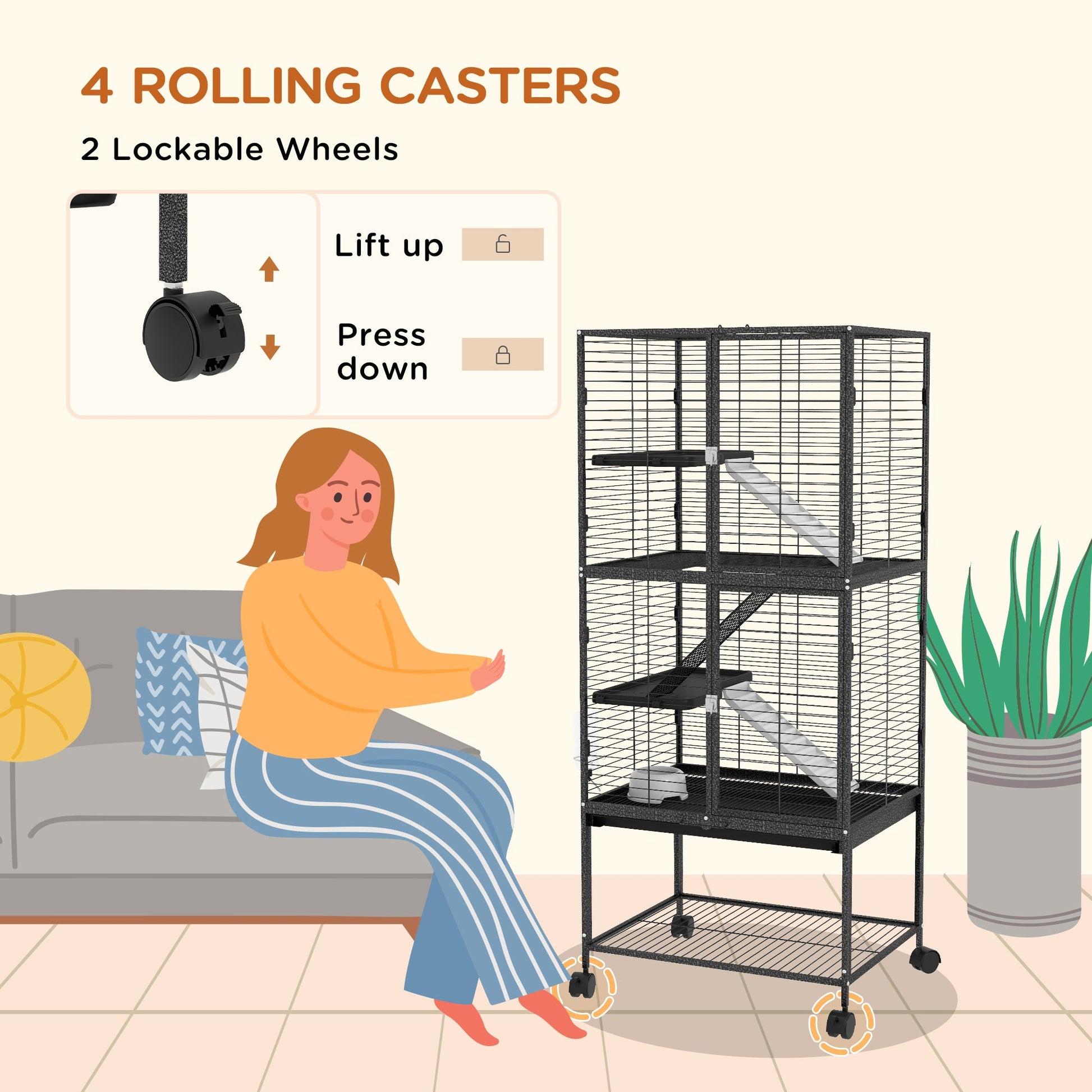 Ferret Cage Rolling Small Animal Cage 4 Levels Pet Cage 136cm Height for Chinchillas, Squirrels with 3 Doors, Storage Shelf, Tray, Bowl, Water Bottle, Ramps - Charcoal Grey