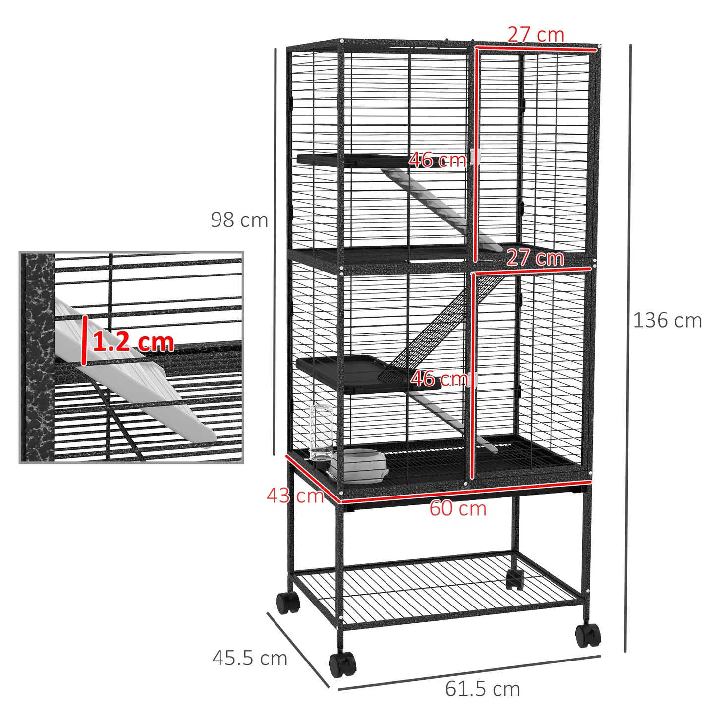 Ferret Cage Rolling Small Animal Cage 4 Levels Pet Cage 136cm Height for Chinchillas, Squirrels with 3 Doors, Storage Shelf, Tray, Bowl, Water Bottle, Ramps - Charcoal Grey