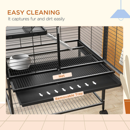 Ferret Cage Rolling Small Animal Cage 4 Levels Pet Cage 136cm Height for Chinchillas, Squirrels with 3 Doors, Storage Shelf, Tray, Bowl, Water Bottle, Ramps - Charcoal Grey
