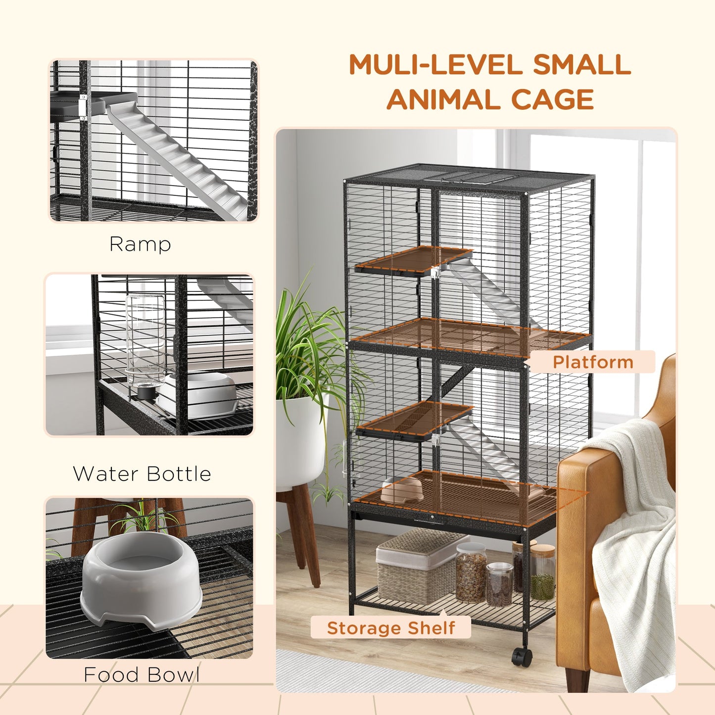 Ferret Cage Rolling Small Animal Cage 4 Levels Pet Cage 136cm Height for Chinchillas, Squirrels with 3 Doors, Storage Shelf, Tray, Bowl, Water Bottle, Ramps - Charcoal Grey