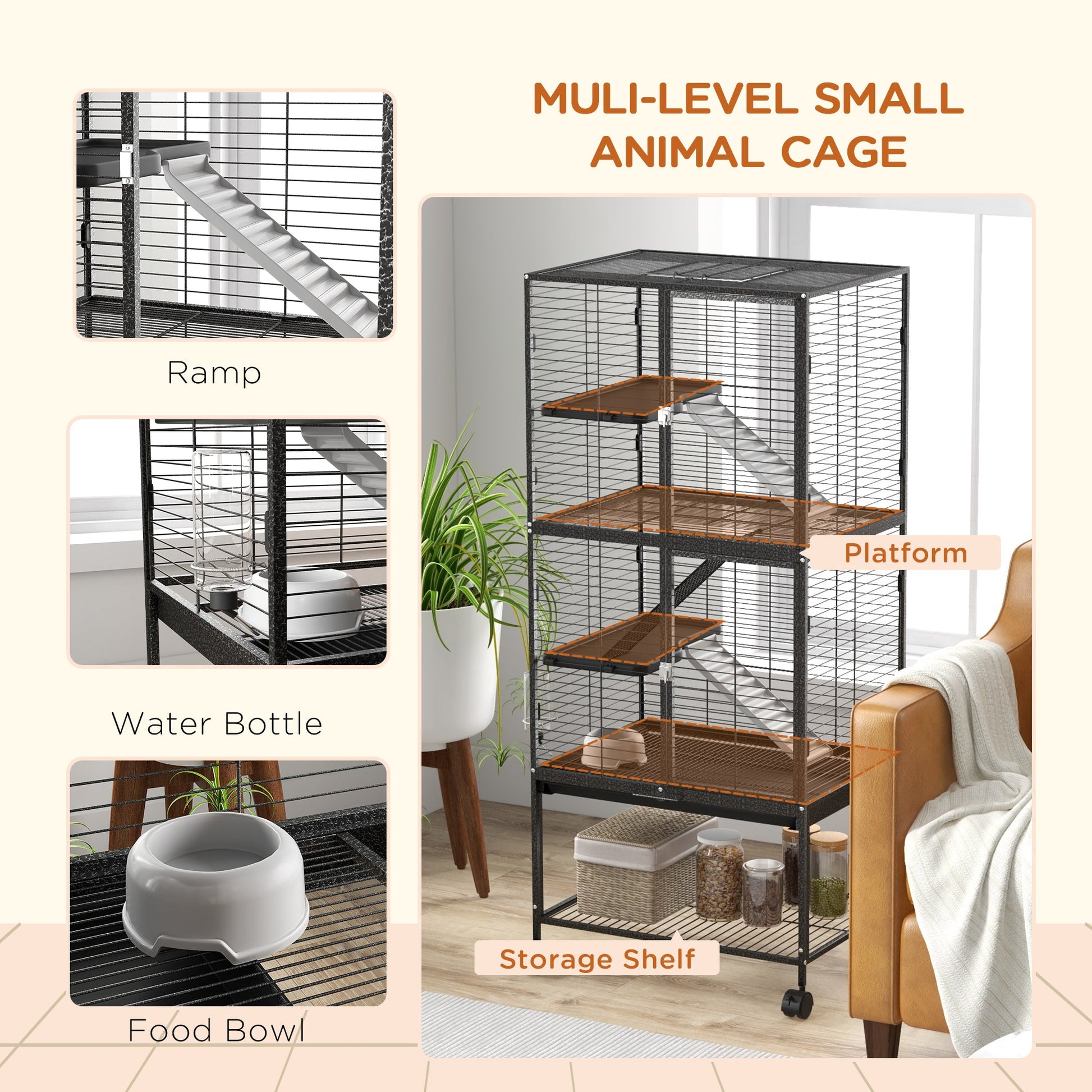 Ferret Cage Rolling Small Animal Cage 4 Levels Pet Cage 136cm Height for Chinchillas, Squirrels with 3 Doors, Storage Shelf, Tray, Bowl, Water Bottle, Ramps - Charcoal Grey