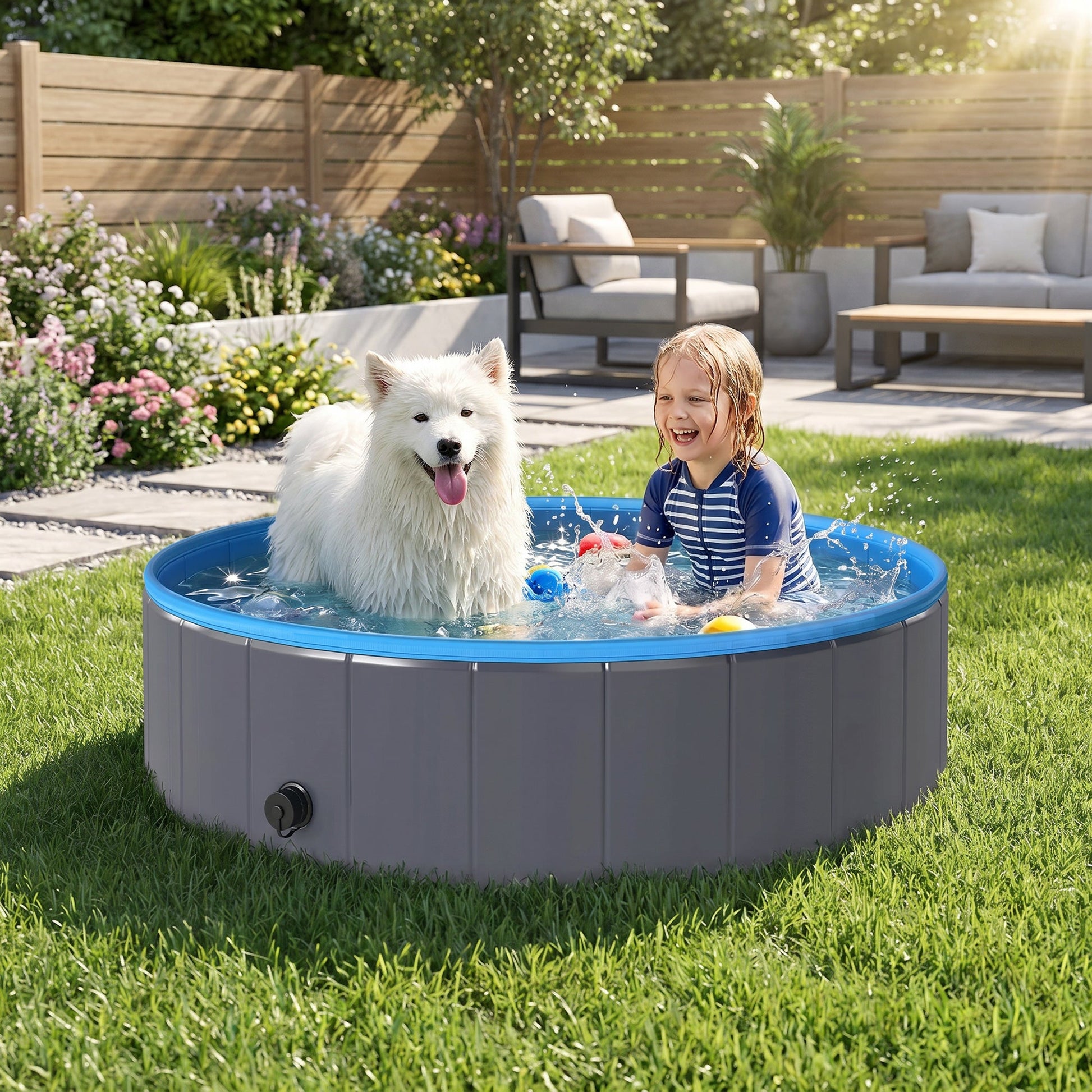 Foldable Dog Pool for Puppies and Ducks, Thickened PVC Dog Paddling Pool Bath Tub Hard Board, Anti-Slip Bottom and Hose Adapter for Easy Drainage, 120 x 30cm, Dark Grey and Blue
