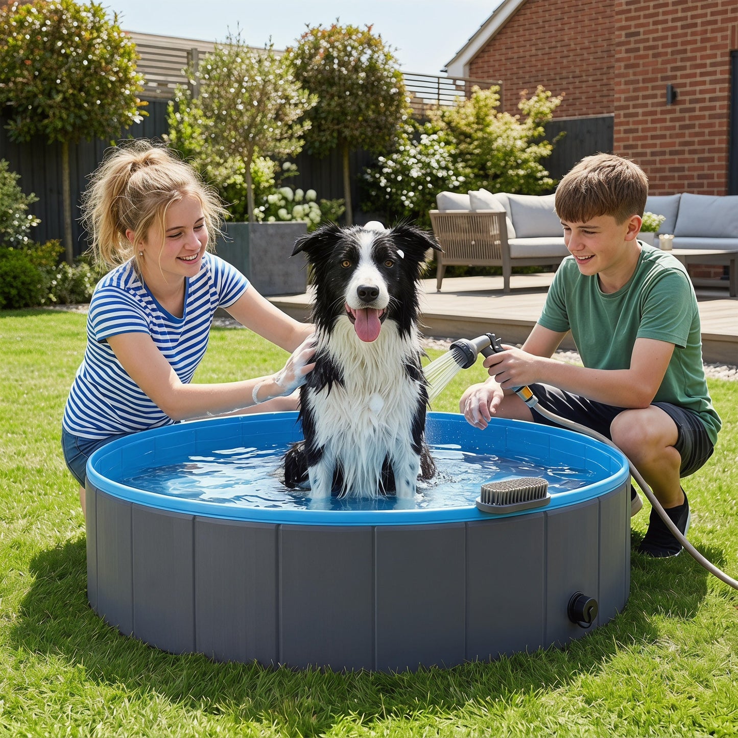 Foldable Dog Pool for Puppies and Ducks, Thickened PVC Dog Paddling Pool Bath Tub Hard Board, Anti-Slip Bottom and Hose Adapter for Easy Drainage, 120 x 30cm, Dark Grey and Blue