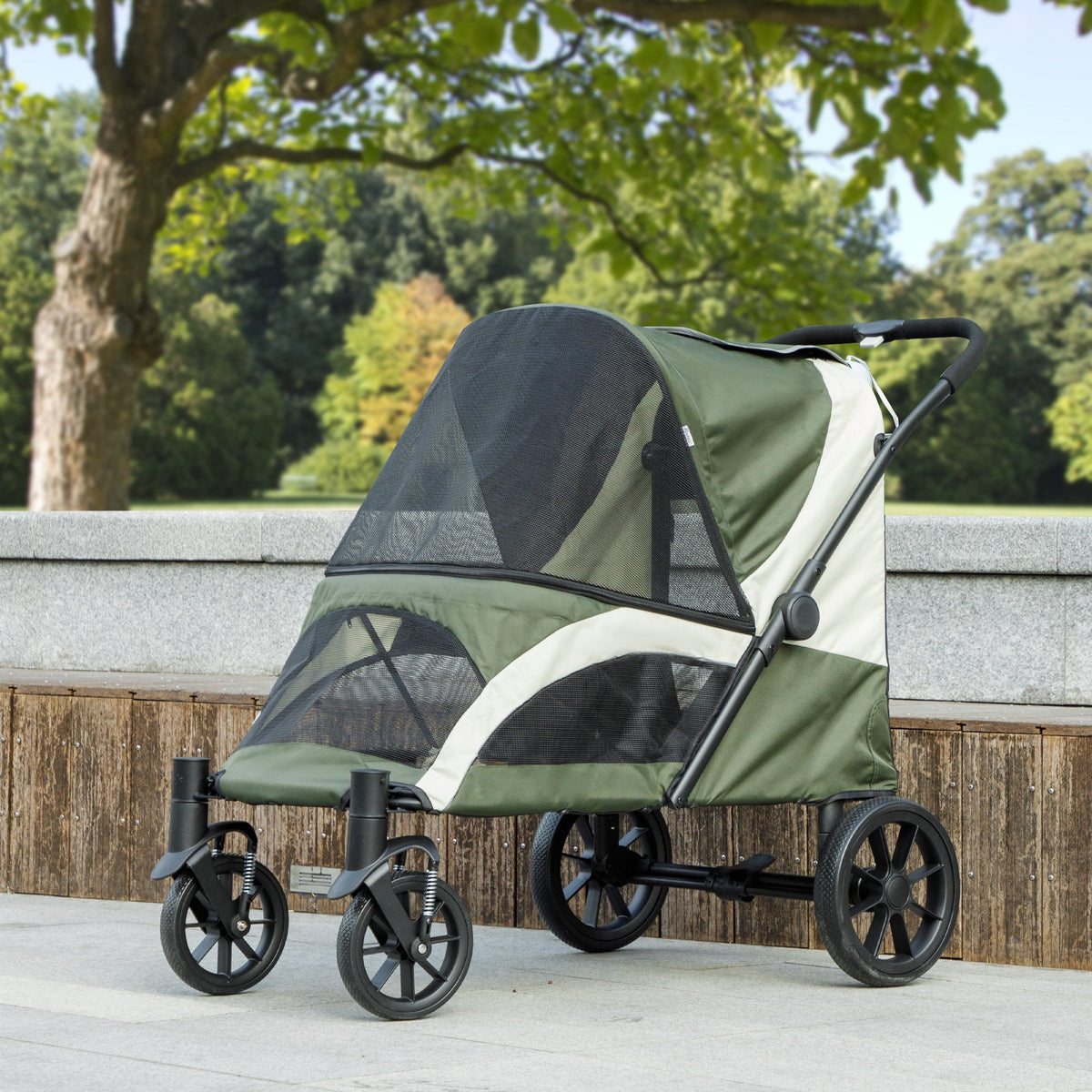Dog Stroller, Easy Folding Pet Stroller for Large Dogs, Puppy Pram Pet Pushchair with 4 Big Wheels, Shock-Absorbing Frame, Safety Leashes, Brakes, Dark Green