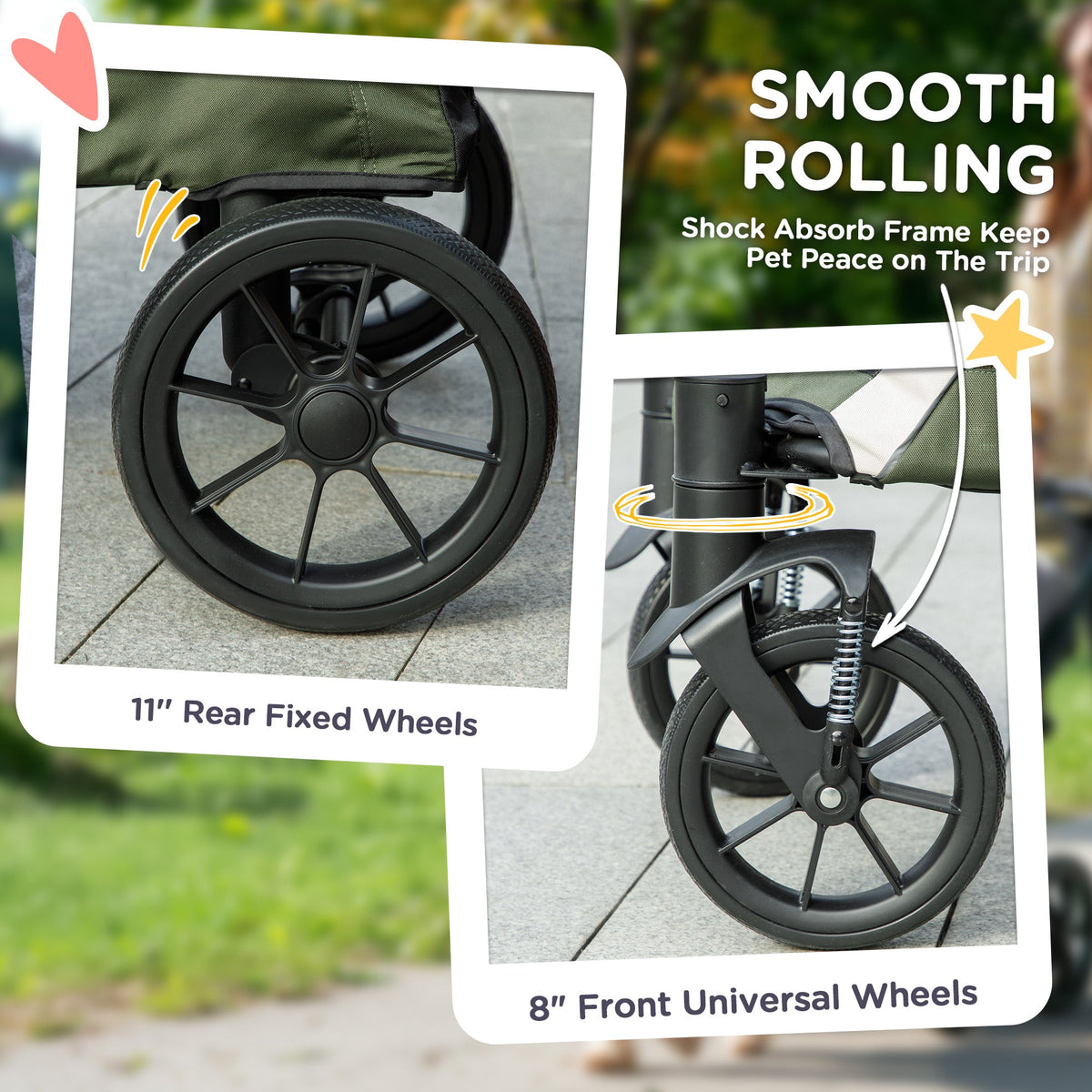 Dog Stroller, Easy Folding Pet Stroller for Large Dogs, Puppy Pram Pet Pushchair with 4 Big Wheels, Shock-Absorbing Frame, Safety Leashes, Brakes, Dark Green
