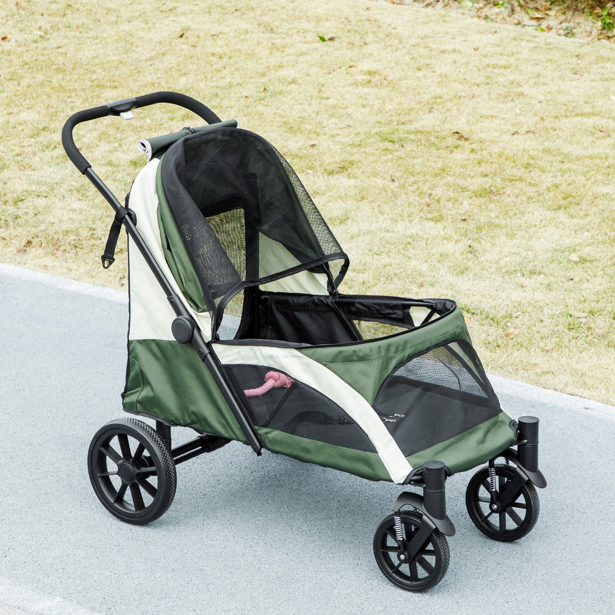 Dog Stroller, Easy Folding Pet Stroller for Large Dogs, Puppy Pram Pet Pushchair with 4 Big Wheels, Shock-Absorbing Frame, Safety Leashes, Brakes, Dark Green