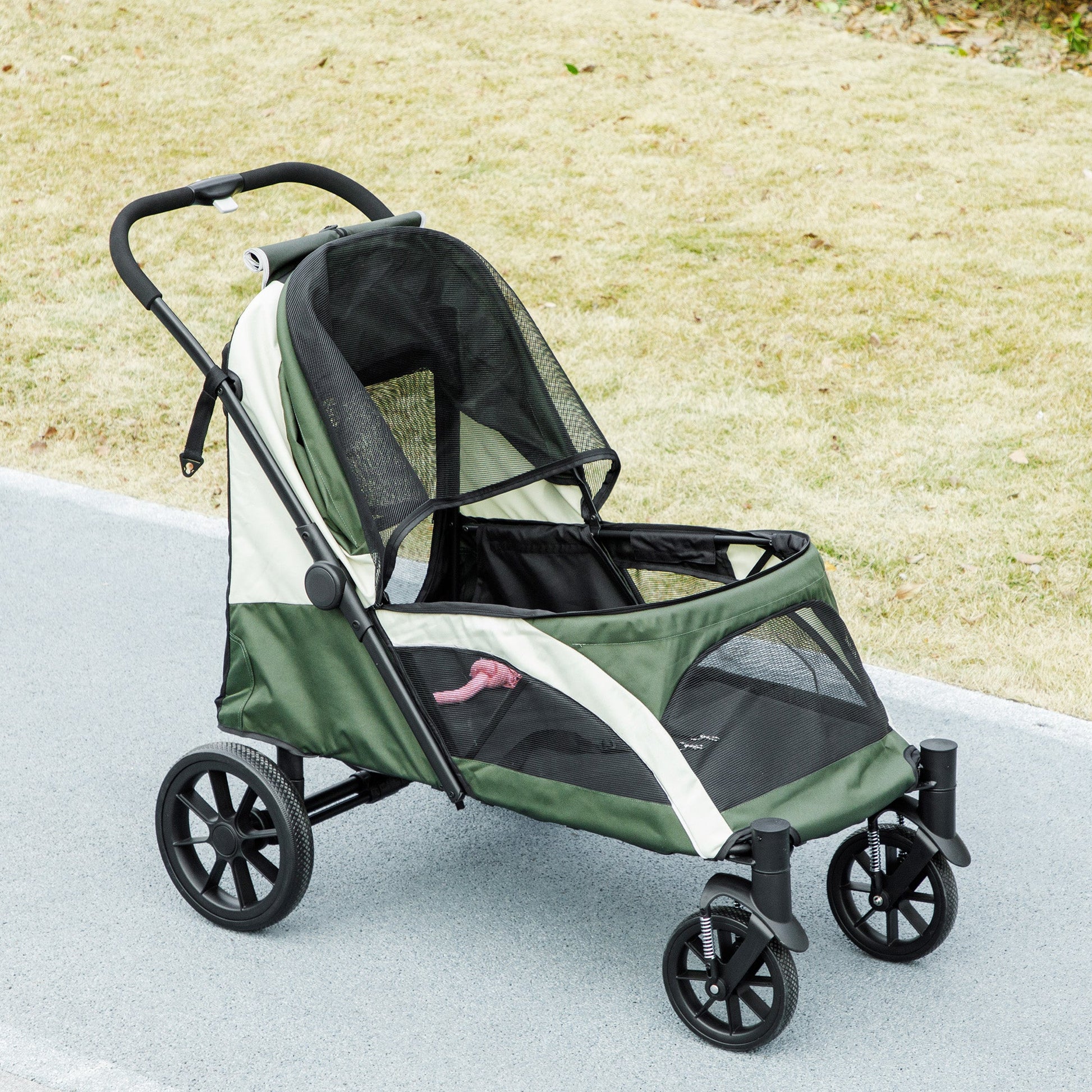 Dog Stroller, Easy Folding Pet Stroller for Large Dogs, Puppy Pram Pet Pushchair with 4 Big Wheels, Shock-Absorbing Frame, Safety Leashes, Brakes, Dark Green
