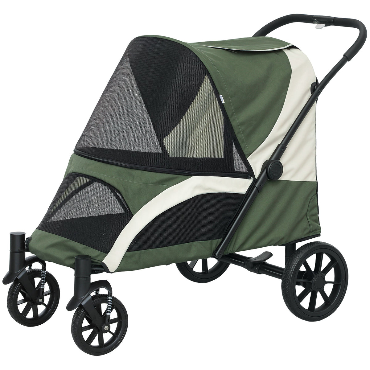 Dog Stroller, Easy Folding Pet Stroller for Large Dogs, Puppy Pram Pet Pushchair with 4 Big Wheels, Shock-Absorbing Frame, Safety Leashes, Brakes, Dark Green