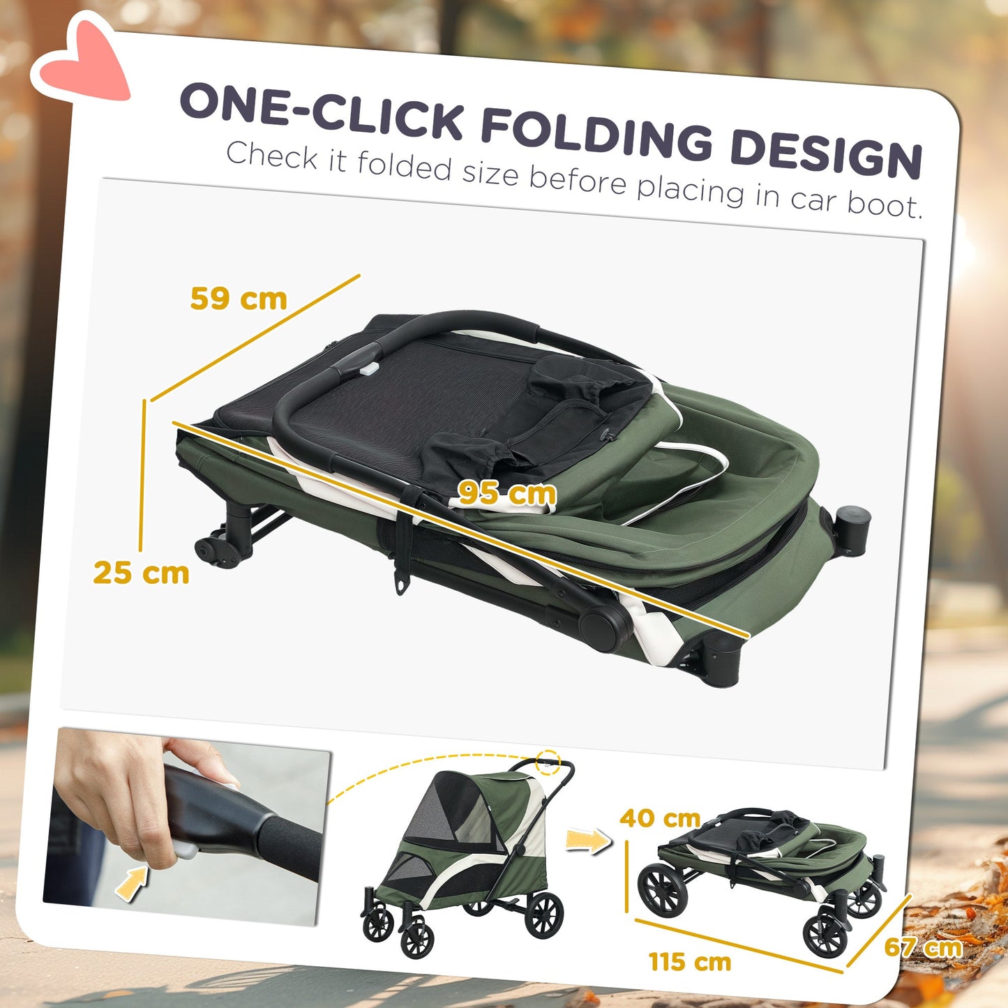 Dog Stroller, Easy Folding Pet Stroller for Large Dogs, Puppy Pram Pet Pushchair with 4 Big Wheels, Shock-Absorbing Frame, Safety Leashes, Brakes, Dark Green