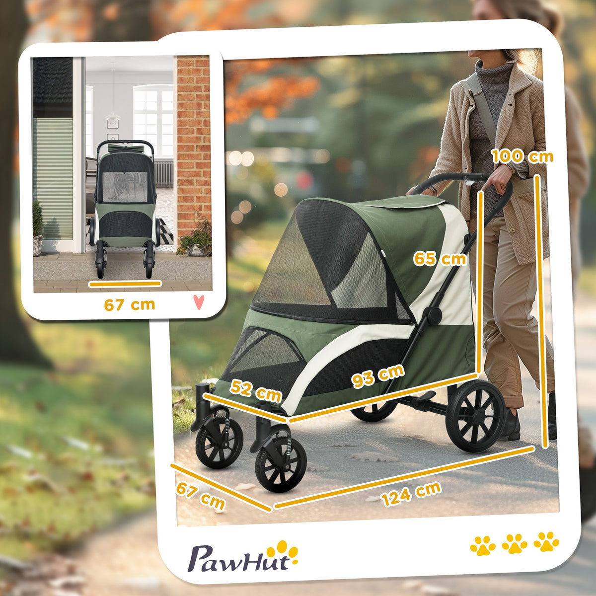 Dog Stroller, Easy Folding Pet Stroller for Large Dogs, Puppy Pram Pet Pushchair with 4 Big Wheels, Shock-Absorbing Frame, Safety Leashes, Brakes, Dark Green