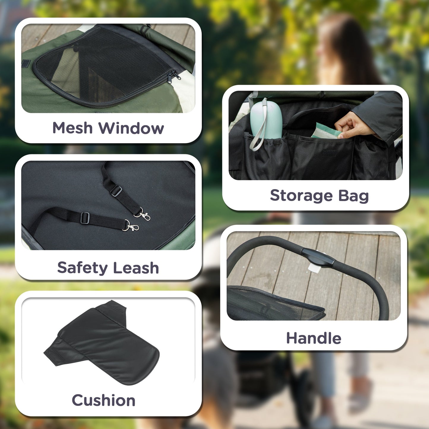 Dog Stroller, Easy Folding Pet Stroller for Large Dogs, Puppy Pram Pet Pushchair with 4 Big Wheels, Shock-Absorbing Frame, Safety Leashes, Brakes, Dark Green