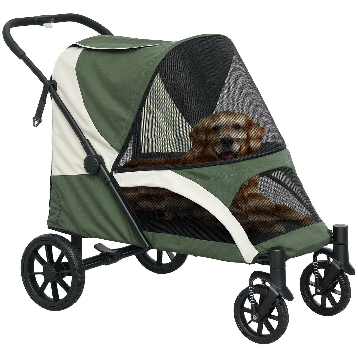 Dog Stroller, Easy Folding Pet Stroller for Large Dogs, Puppy Pram Pet Pushchair with 4 Big Wheels, Shock-Absorbing Frame, Safety Leashes, Brakes, Dark Green