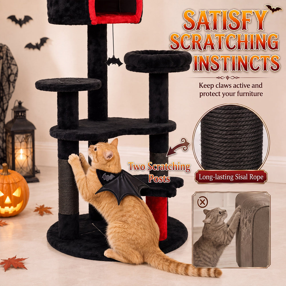 Gothic Cat Tree, 155cm Cat Tower for Indoor Kittens, Multi-Level Stable Kitten Activity Centre with Sisal Scratching Posts, Bed and Condo for Climbing, Playing, Relaxing, Black, Halloween