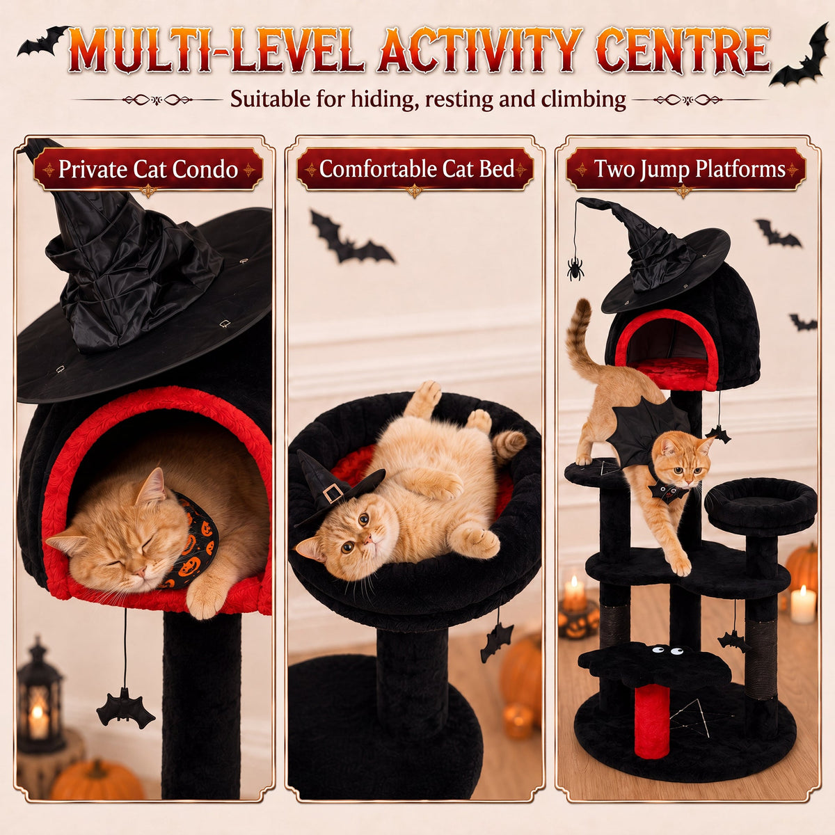 Gothic Cat Tree, 155cm Cat Tower for Indoor Kittens, Multi-Level Stable Kitten Activity Centre with Sisal Scratching Posts, Bed and Condo for Climbing, Playing, Relaxing, Black, Halloween