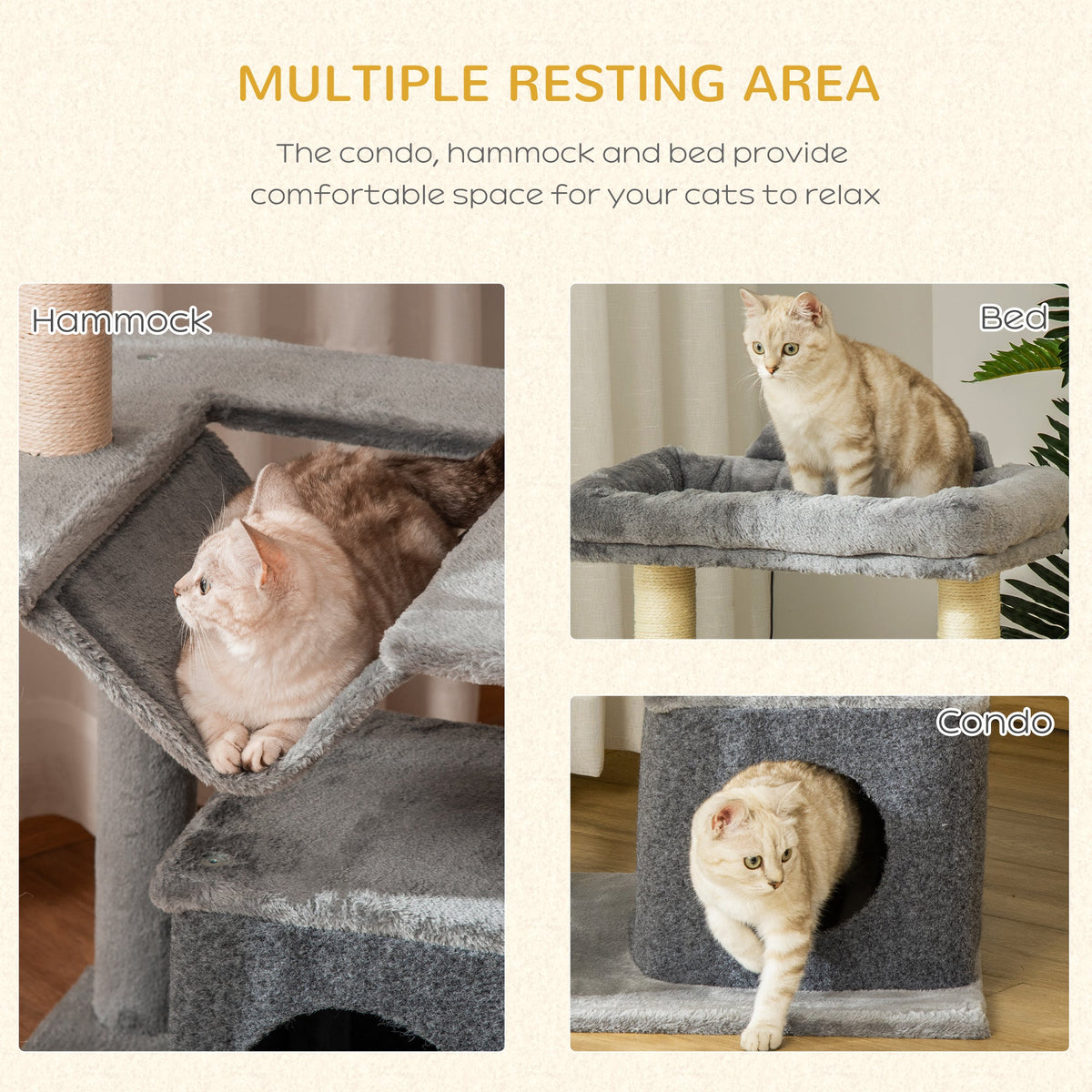 Cat Tree, 90cm Cat Tower with Sisal Scratching Posts, Cat Condo, Hammock, Top Perch and 2 Hanging Toys for Indoor Cats, Grey