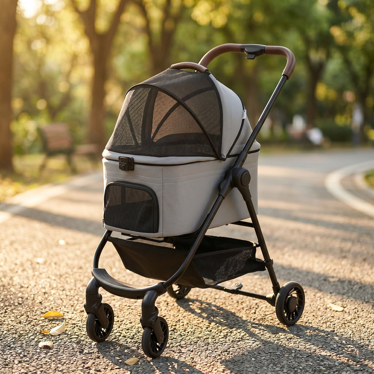 Dog Stroller, 3 in 1 Foldable Pet Stroller for Small Puppy Cat with Detachable Travel Carrier, 4 Wheels Dog Pram with Storage Basket, Seat Leashes, Mesh Window, Grey