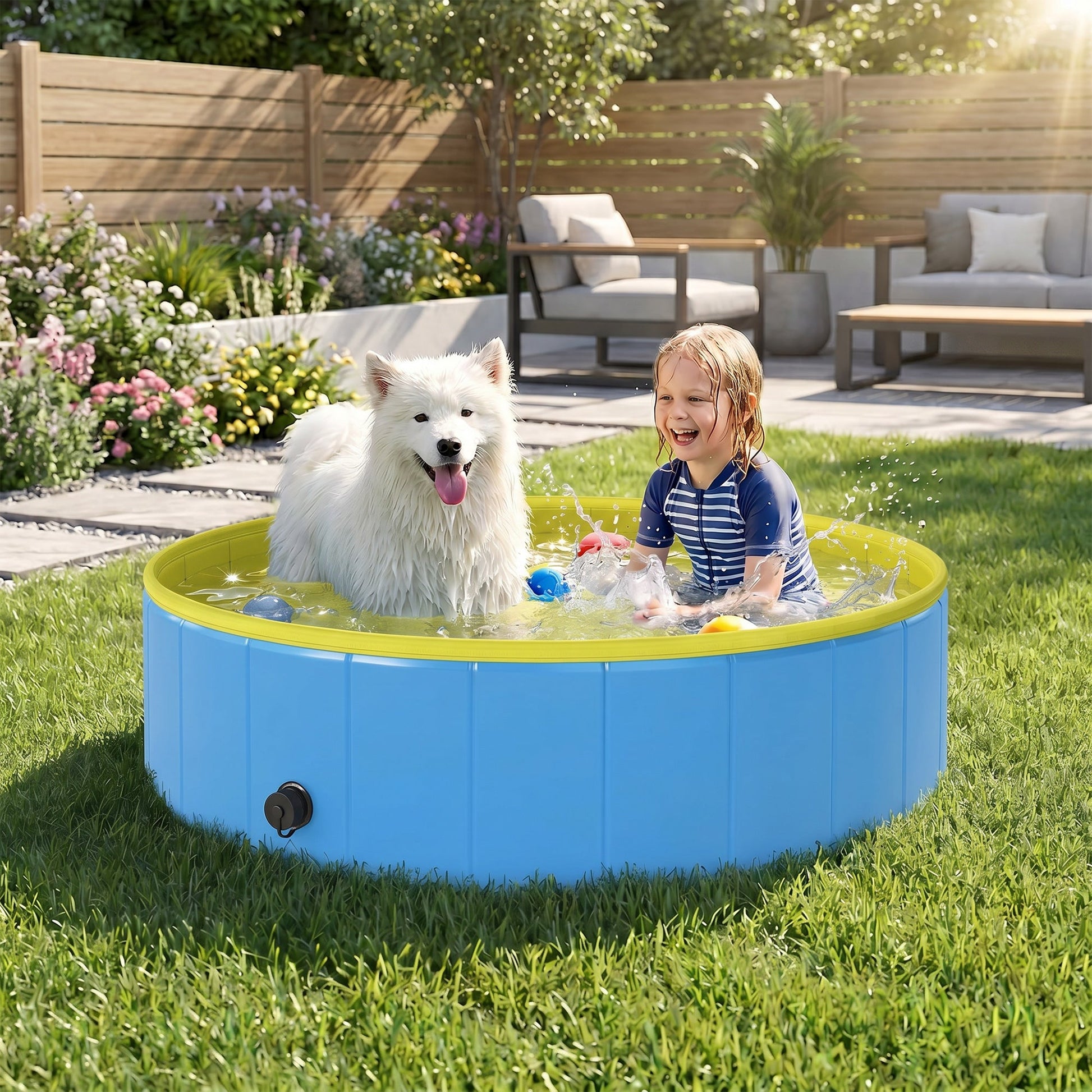 Foldable Dog Pool for Puppies and Ducks, Thickened PVC Dog Paddling Pool Bath Tub Hard Board, Anti-Slip Bottom and Hose Adapter for Easy Drainage, 120 x 30cm, Blue and Yellow