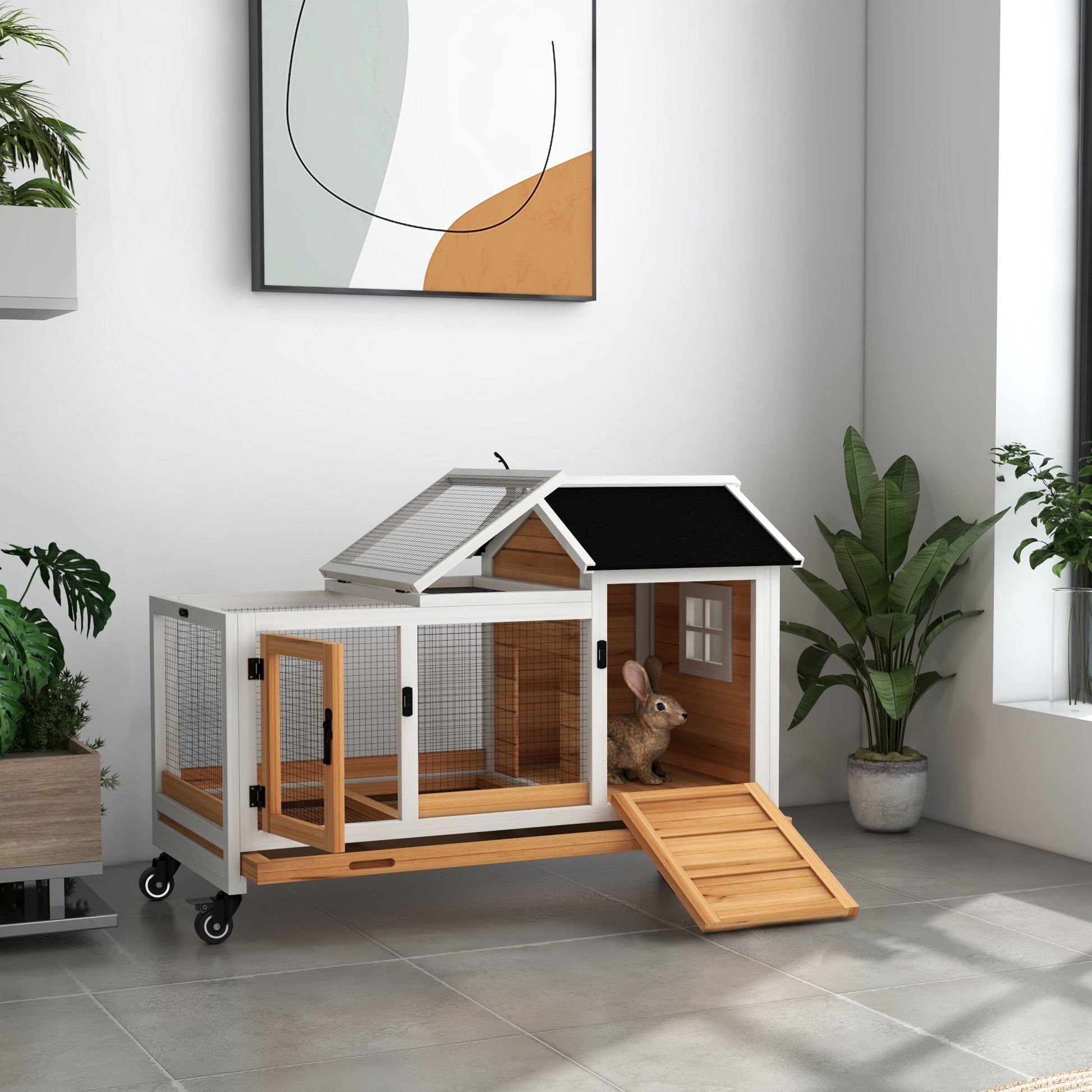 Wooden Rabbit Hutch with Wheels, Guinea Pig Cage, Small Animal House for Outdoor & Indoor with Slide-out Tray, 108 x 58 x 73.5cm, Yellow