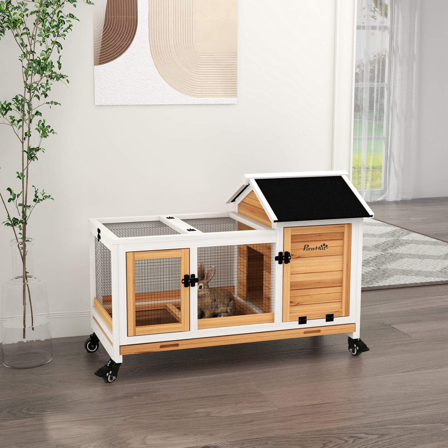 Wooden Rabbit Hutch with Wheels, Guinea Pig Cage, Small Animal House for Outdoor & Indoor with Slide-out Tray, 108 x 58 x 73.5cm, Yellow