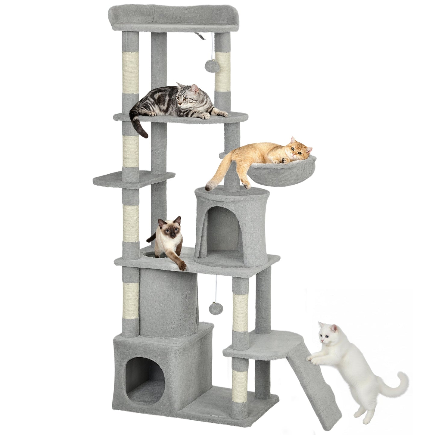 Cat Tree, 170 cm Large Cat Tower with 7 Scratching Posts, 1 Tunnel, 2 Condos, 1 Hammock, 1 Perch, 1 Ramp, 3 Platforms, 2 Pompoms, Multi-Level Kitty House for Indoor Kittens, Light Grey