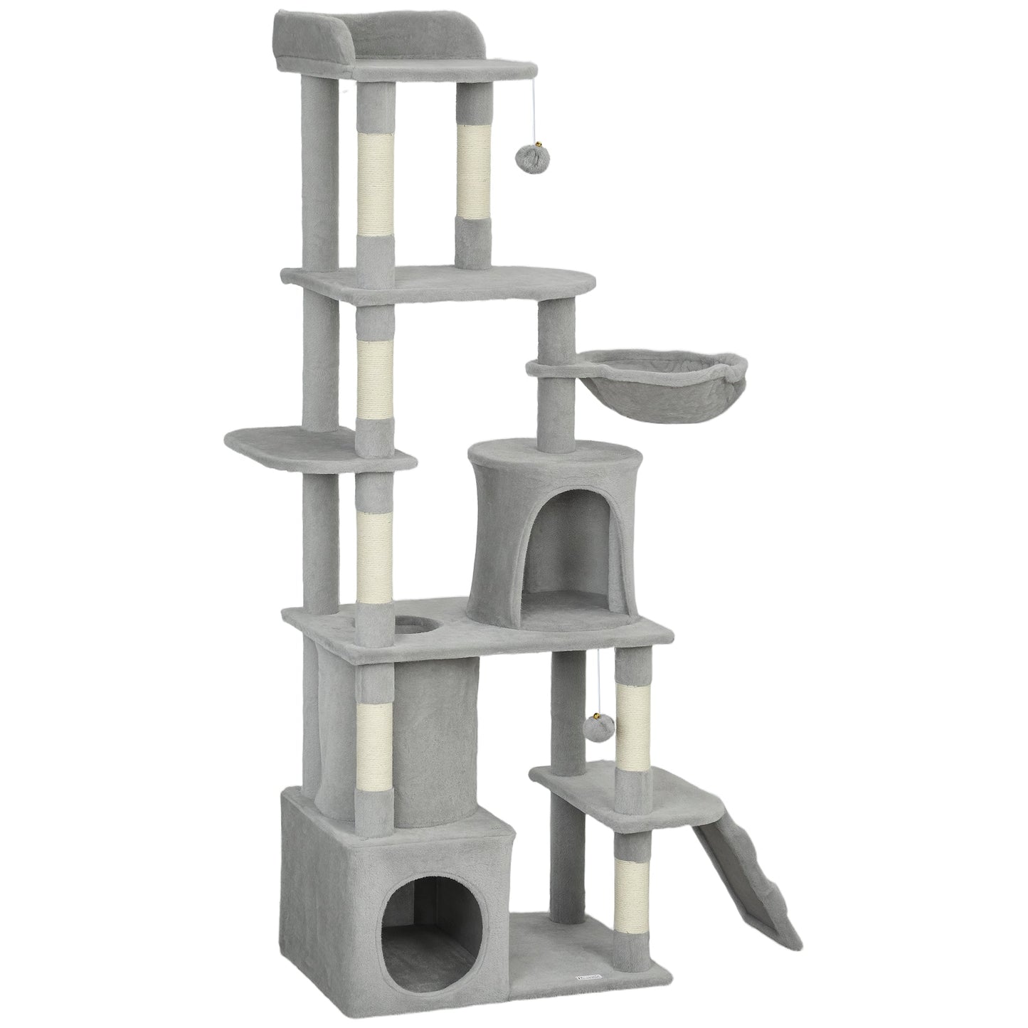 Cat Tree, 170 cm Large Cat Tower with 7 Scratching Posts, 1 Tunnel, 2 Condos, 1 Hammock, 1 Perch, 1 Ramp, 3 Platforms, 2 Pompoms, Multi-Level Kitty House for Indoor Kittens, Light Grey
