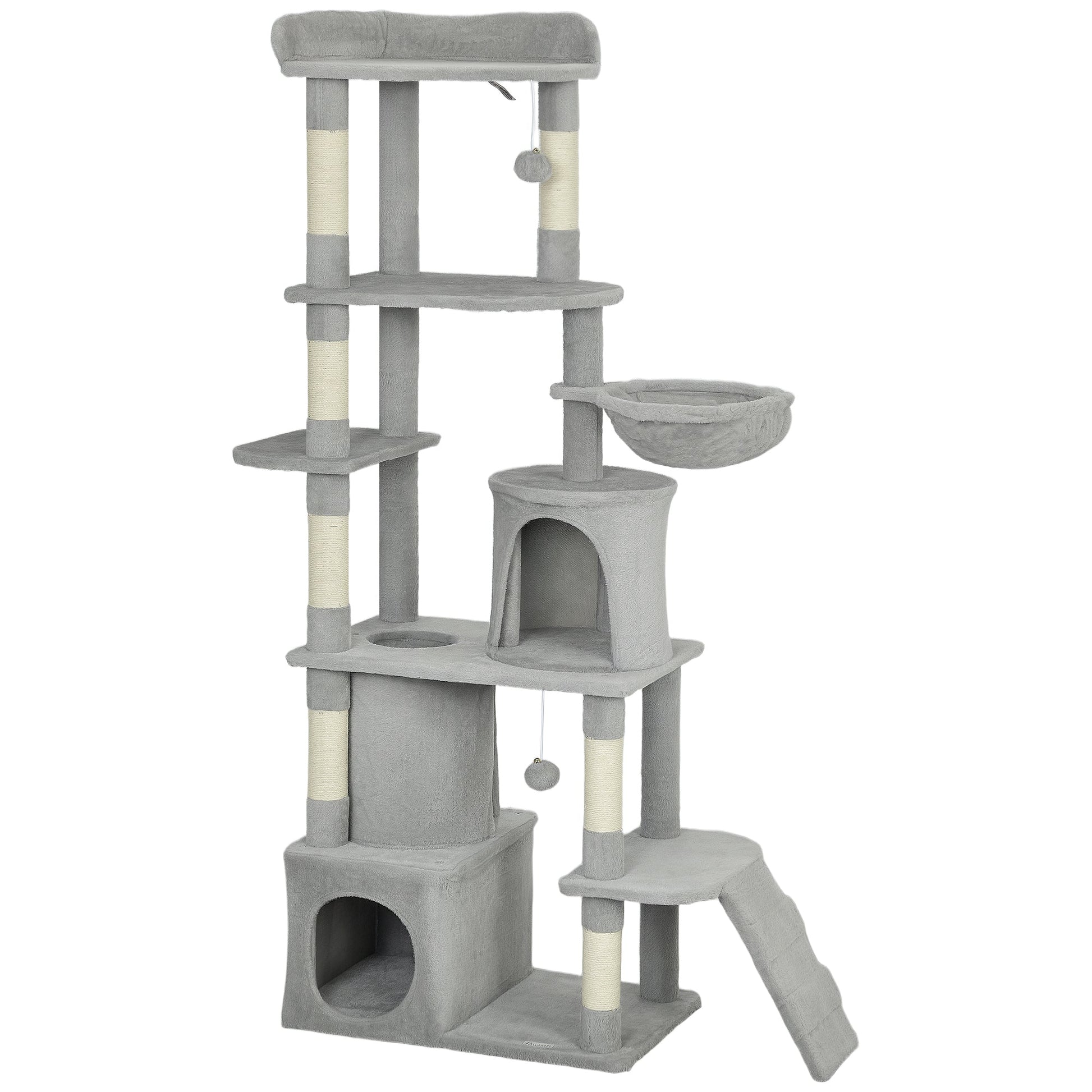 Cat Tree, 170 cm Large Cat Tower with 7 Scratching Posts, 1 Tunnel, 2 Condos, 1 Hammock, 1 Perch, 1 Ramp, 3 Platforms, 2 Pompoms, Multi-Level Kitty House for Indoor Kittens, Light Grey
