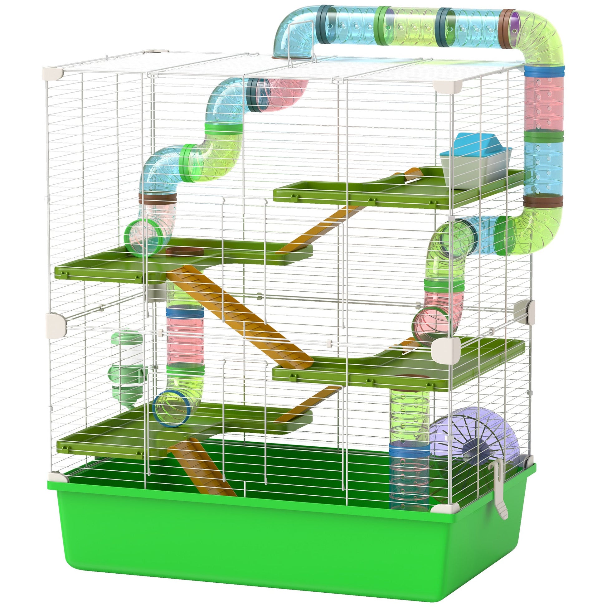 5 Tier Hamster Cage, Gerbil Cage with Tube, Water Bottle, Exercise Wheel, Food Dish, 59L x 36W x 69H cm - Green