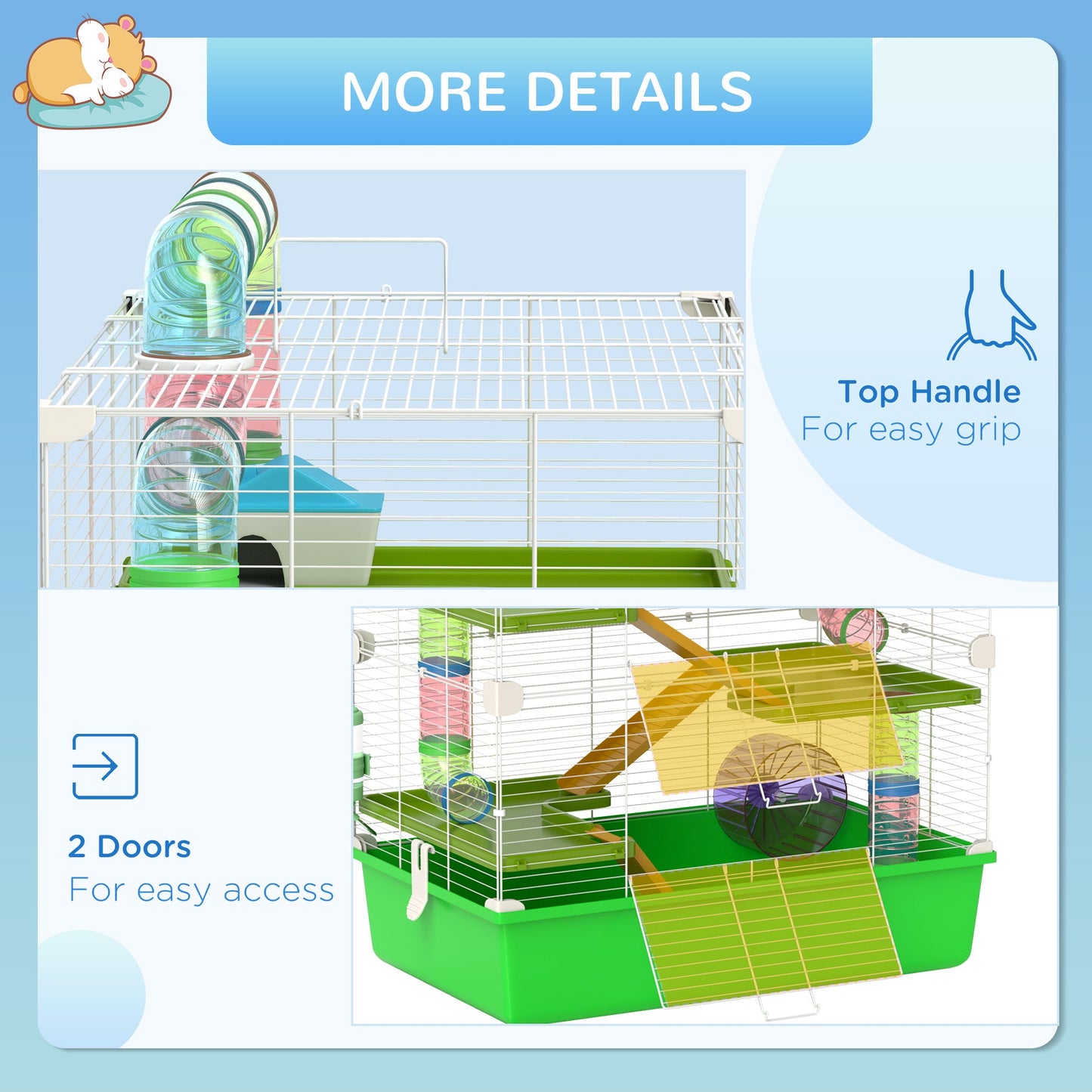 5 Tier Hamster Cage, Gerbil Cage with Tube, Water Bottle, Exercise Wheel, Food Dish, 59L x 36W x 69H cm - Green