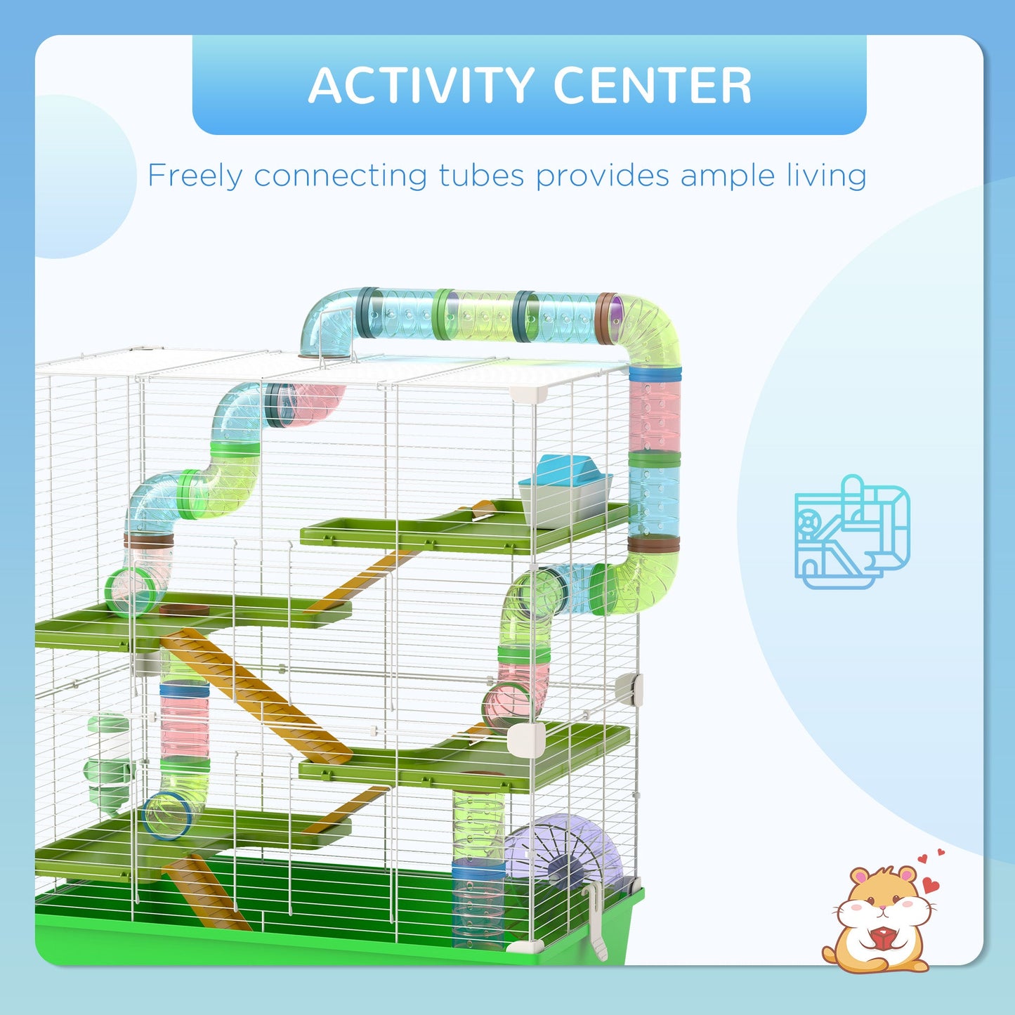 5 Tier Hamster Cage, Gerbil Cage with Tube, Water Bottle, Exercise Wheel, Food Dish, 59L x 36W x 69H cm - Green