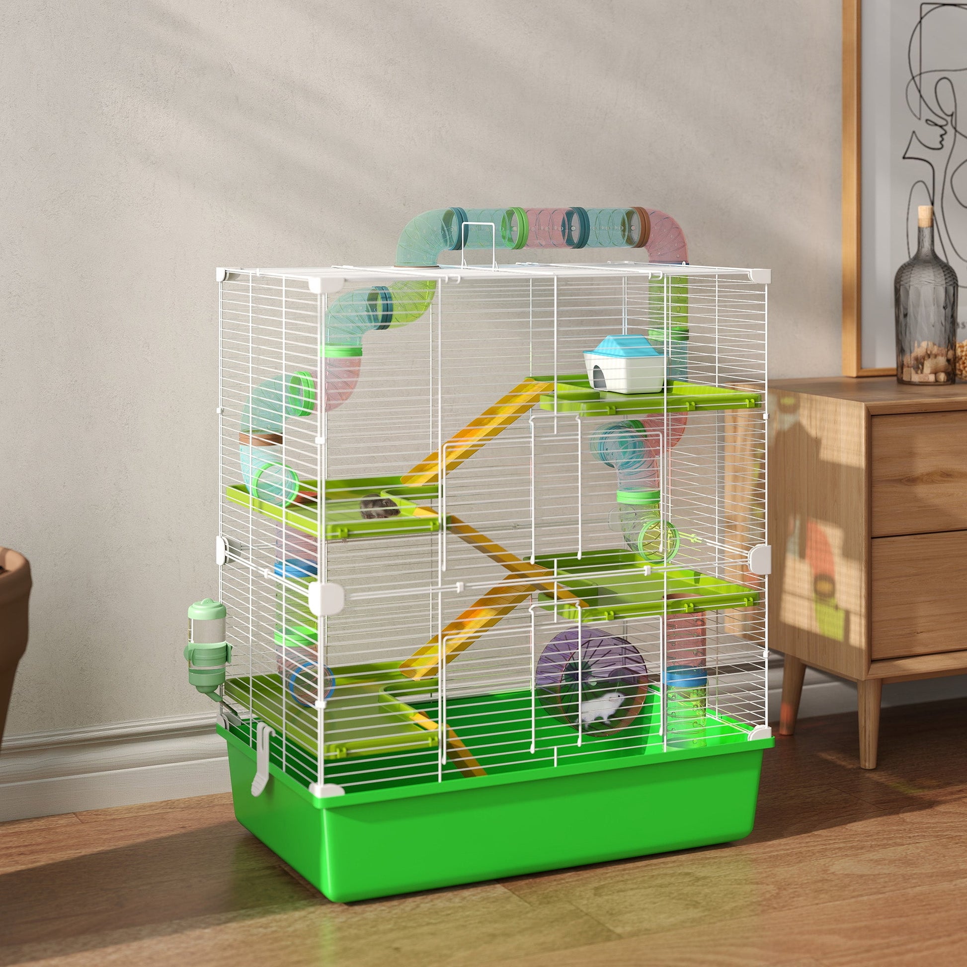 5 Tier Hamster Cage, Gerbil Cage with Tube, Water Bottle, Exercise Wheel, Food Dish, 59L x 36W x 69H cm - Green