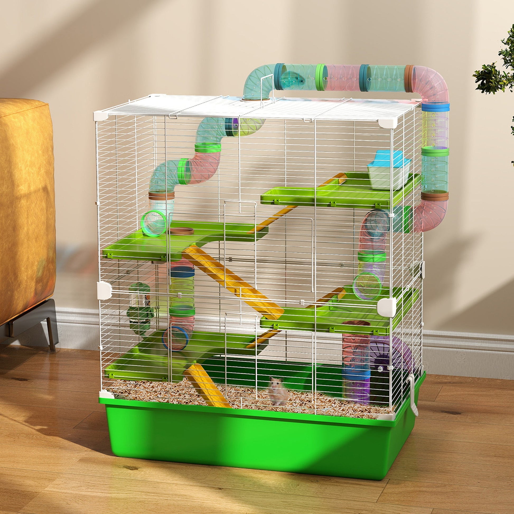 5 Tier Hamster Cage, Gerbil Cage with Tube, Water Bottle, Exercise Wheel, Food Dish, 59L x 36W x 69H cm - Green