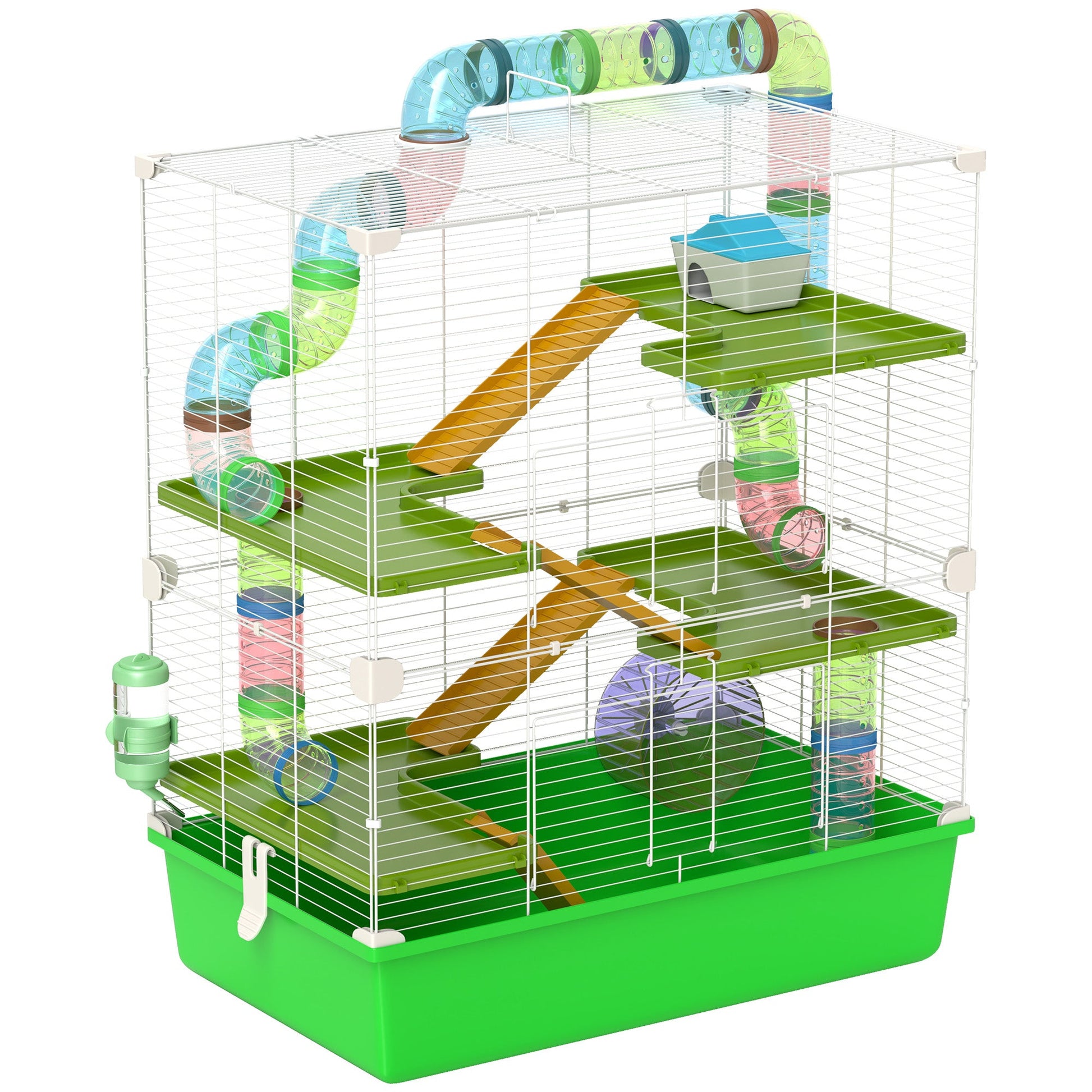 5 Tier Hamster Cage, Gerbil Cage with Tube, Water Bottle, Exercise Wheel, Food Dish, 59L x 36W x 69H cm - Green