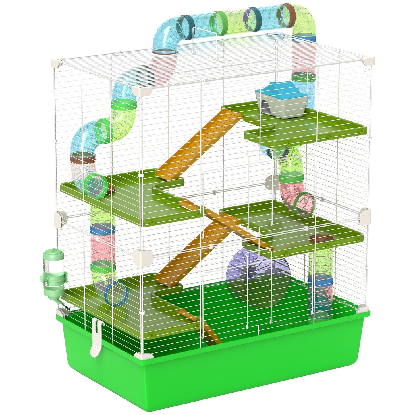 5 Tier Hamster Cage, Gerbil Cage with Tube, Water Bottle, Exercise Wheel, Food Dish, 59L x 36W x 69H cm - Green