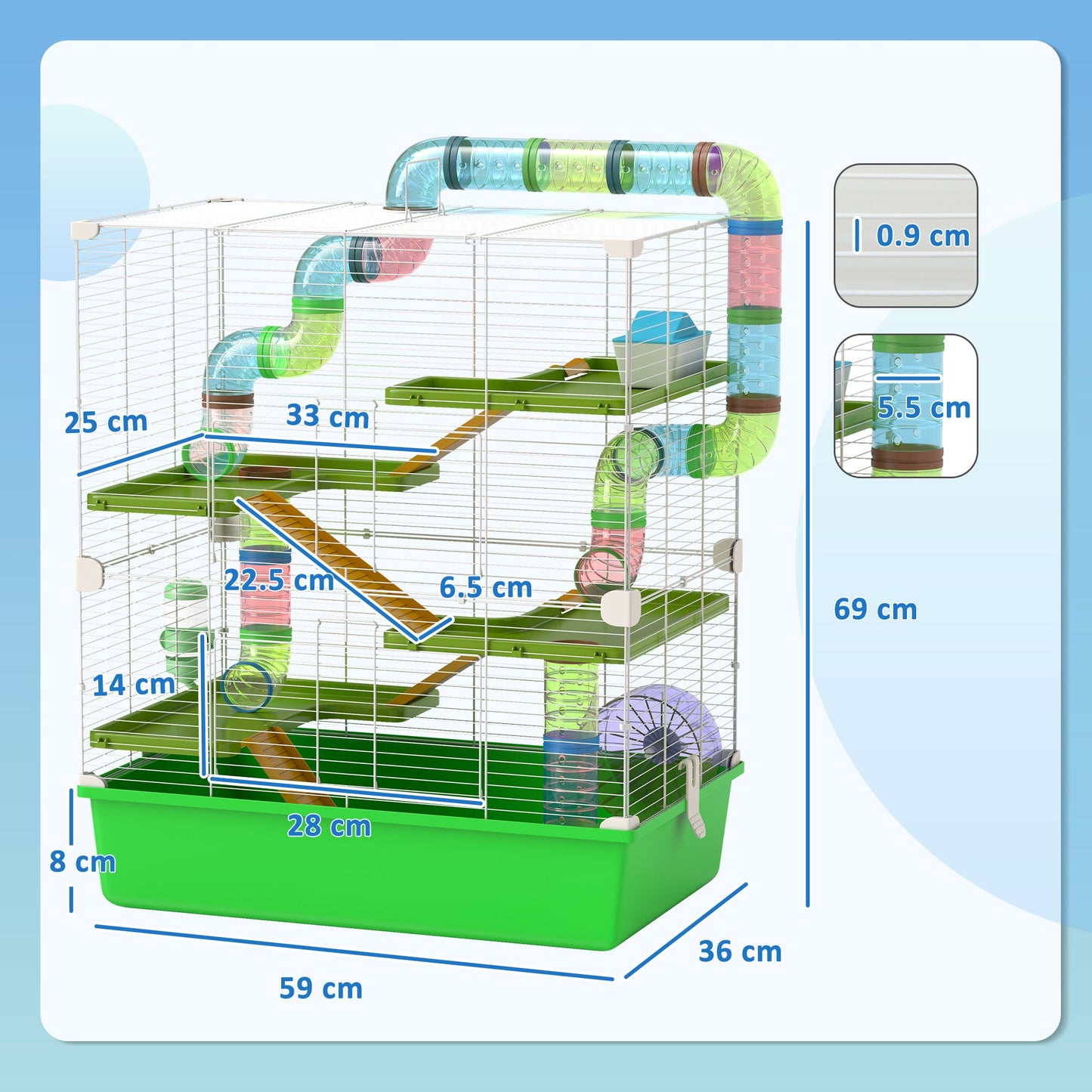 5 Tier Hamster Cage, Gerbil Cage with Tube, Water Bottle, Exercise Wheel, Food Dish, 59L x 36W x 69H cm - Green