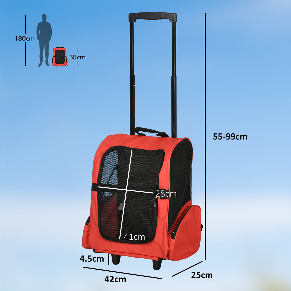 Pet Travel Backpack Bag Cat Puppy Dog Carrier w/ Trolley and Telescopic Handle Portable Stroller Wheel Luggage Bag (Red)
