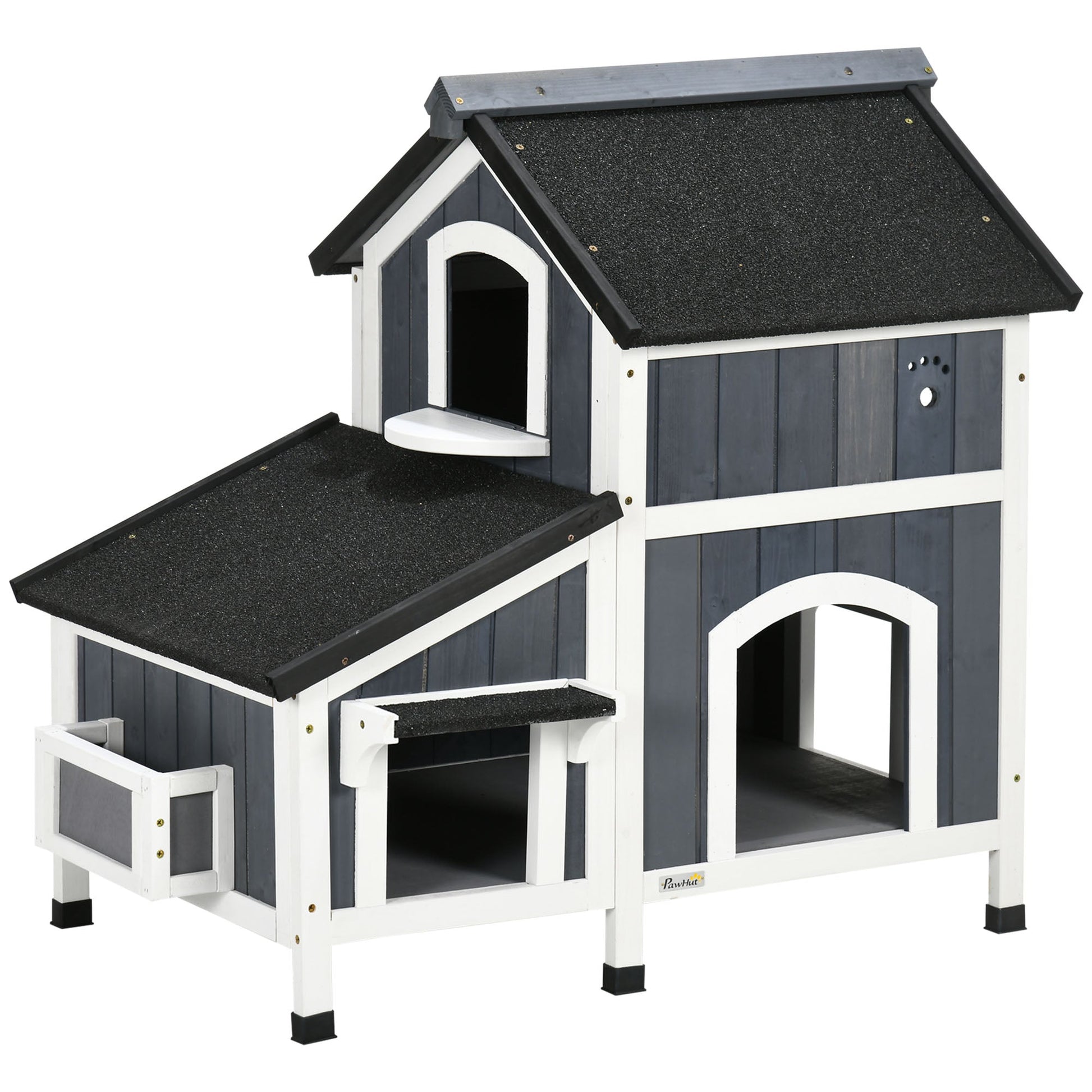Wooden Outdoor Cat House with Flower Pot, Windows, Multiple Entrances, Water-Resistant Roof - Grey