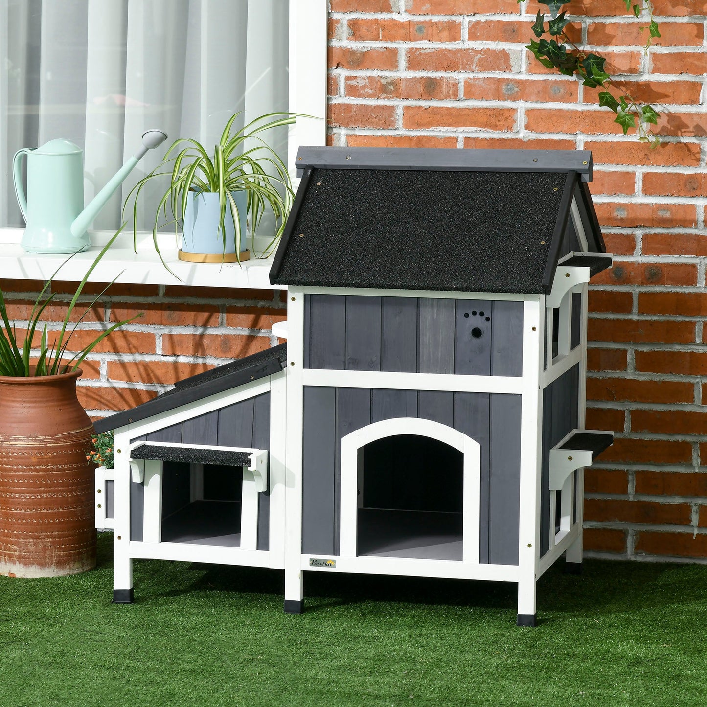 Wooden Outdoor Cat House with Flower Pot, Windows, Multiple Entrances, Water-Resistant Roof - Grey