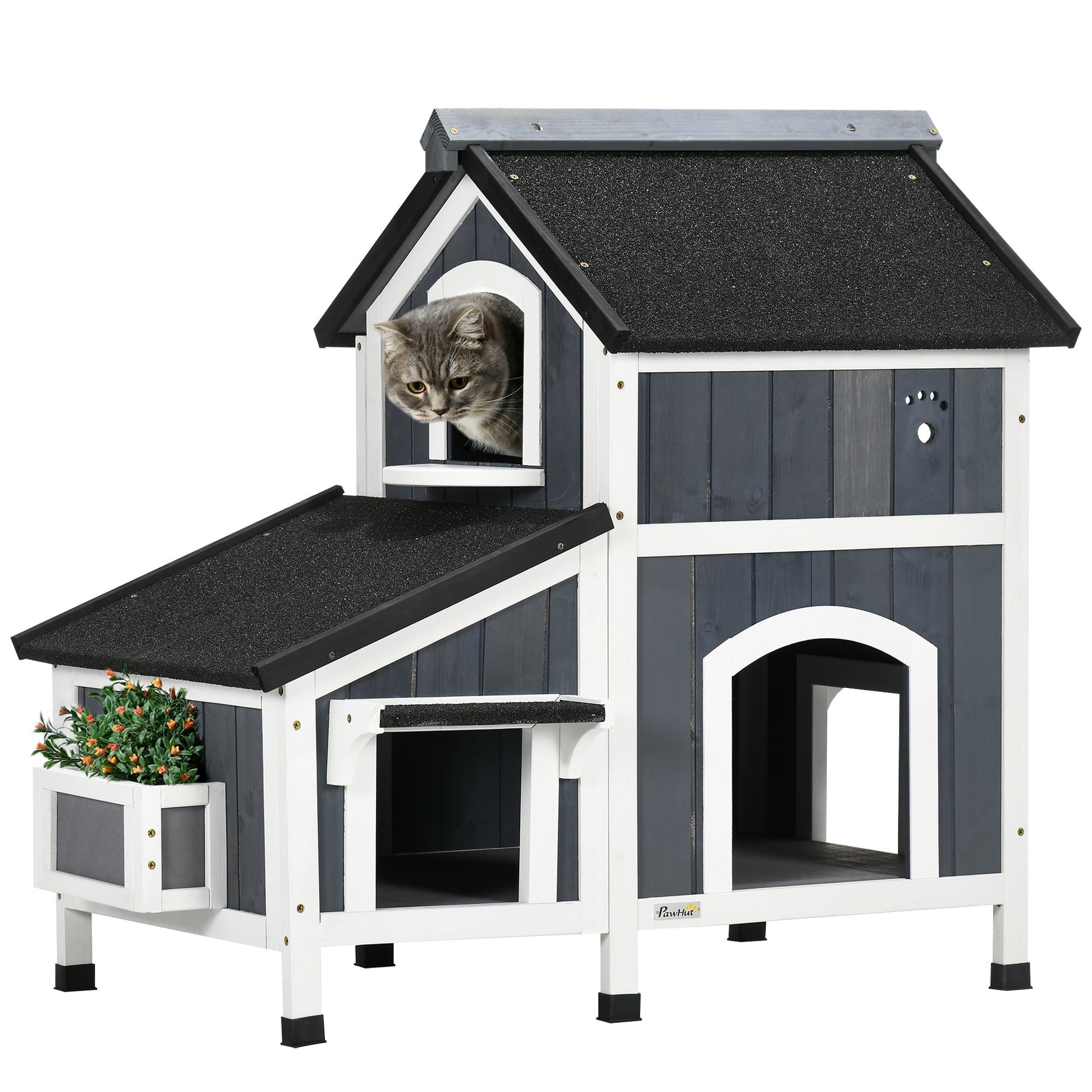 Wooden Outdoor Cat House with Flower Pot, Windows, Multiple Entrances, Water-Resistant Roof - Grey