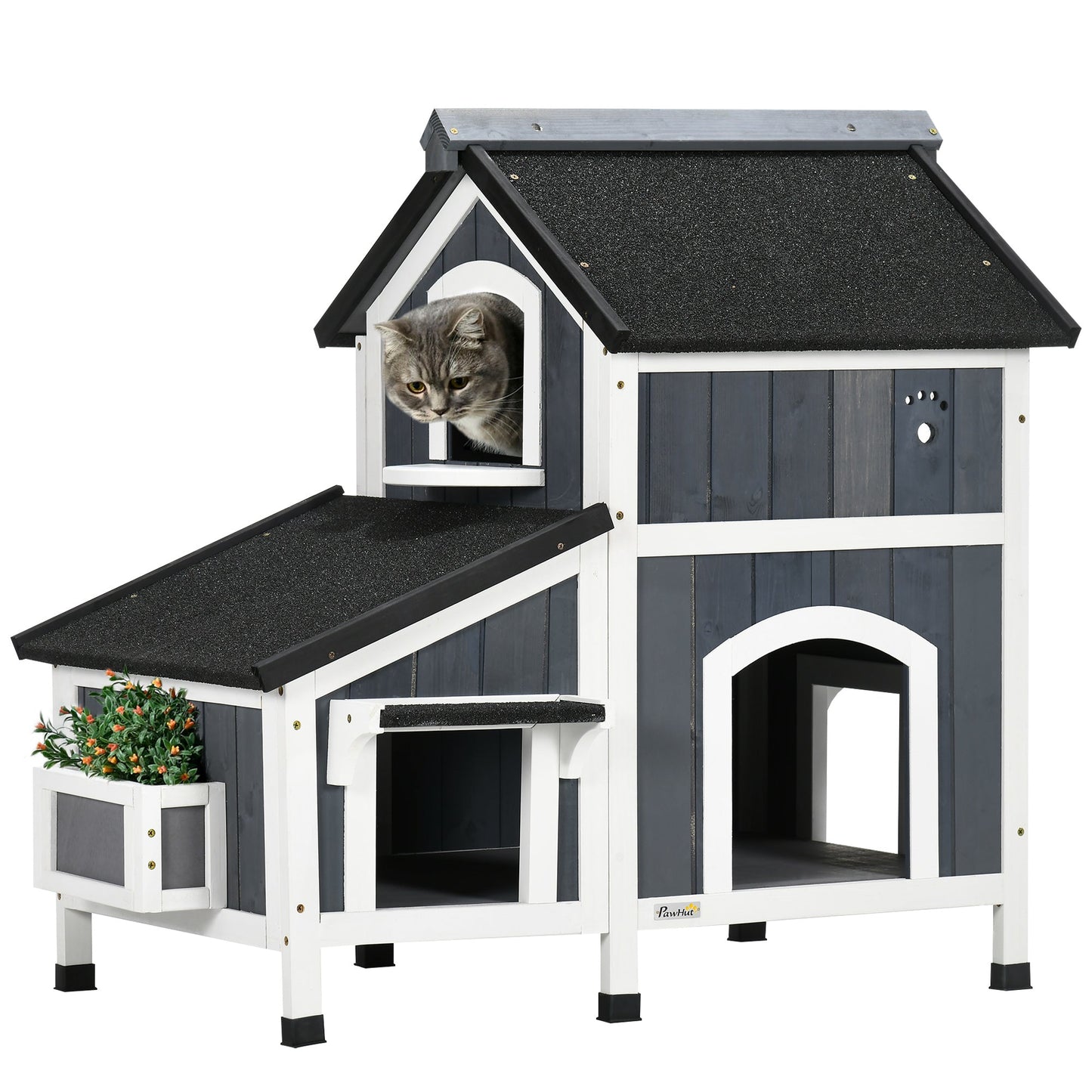 Wooden Outdoor Cat House with Flower Pot, Windows, Multiple Entrances, Water-Resistant Roof - Grey