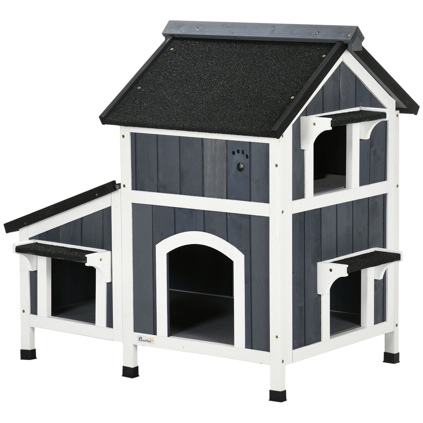 Wooden Outdoor Cat House with Flower Pot, Windows, Multiple Entrances, Water-Resistant Roof - Grey