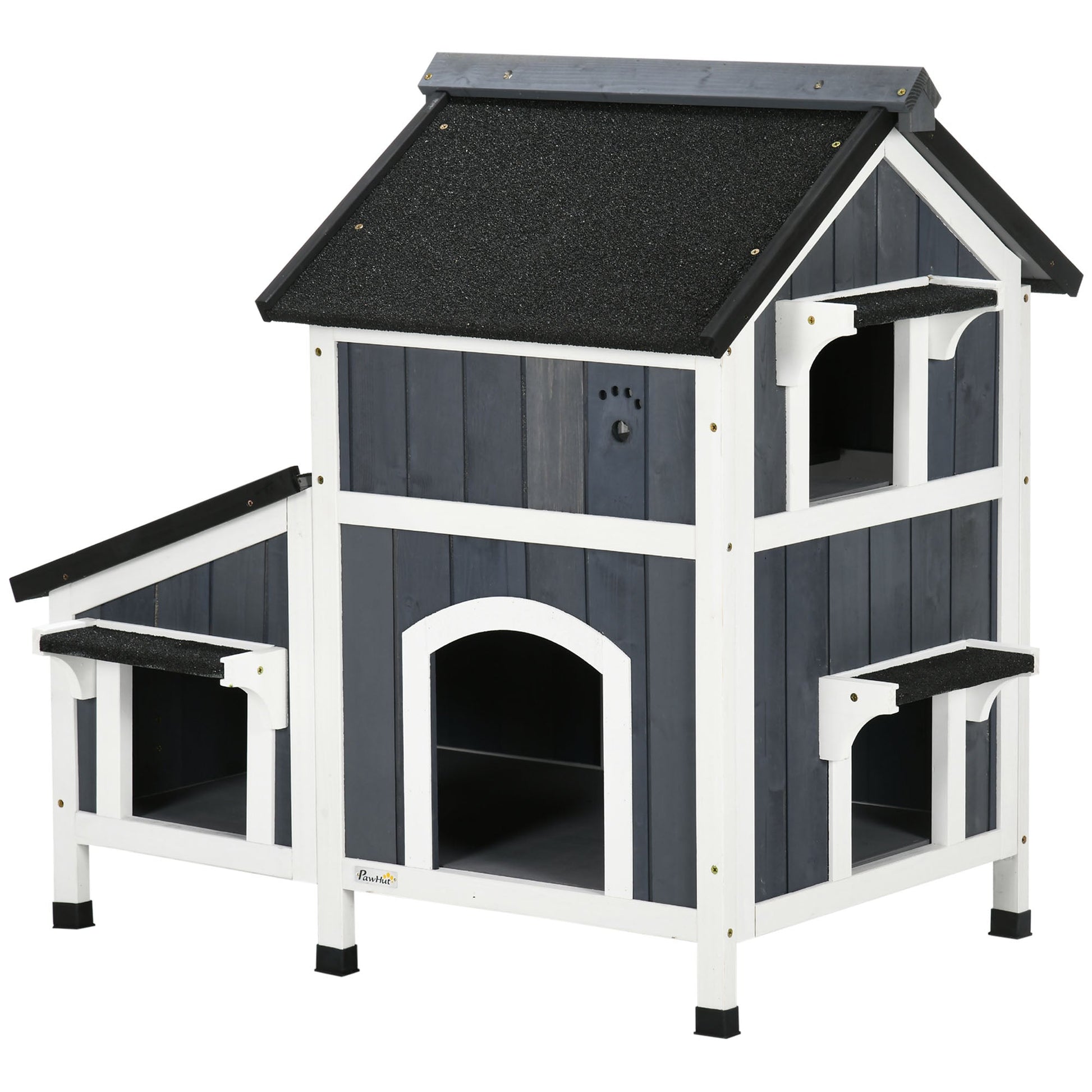Wooden Outdoor Cat House with Flower Pot, Windows, Multiple Entrances, Water-Resistant Roof - Grey