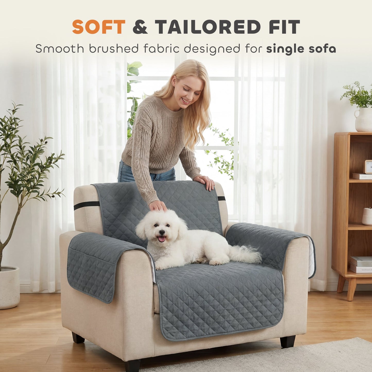 Waterproof Sofa Cover, Soft Couch Cover for Dogs Cats Pets, Non Slip Sofa Slipcoevr with Elastic Straps Furniture Protector for Living Room, Grey