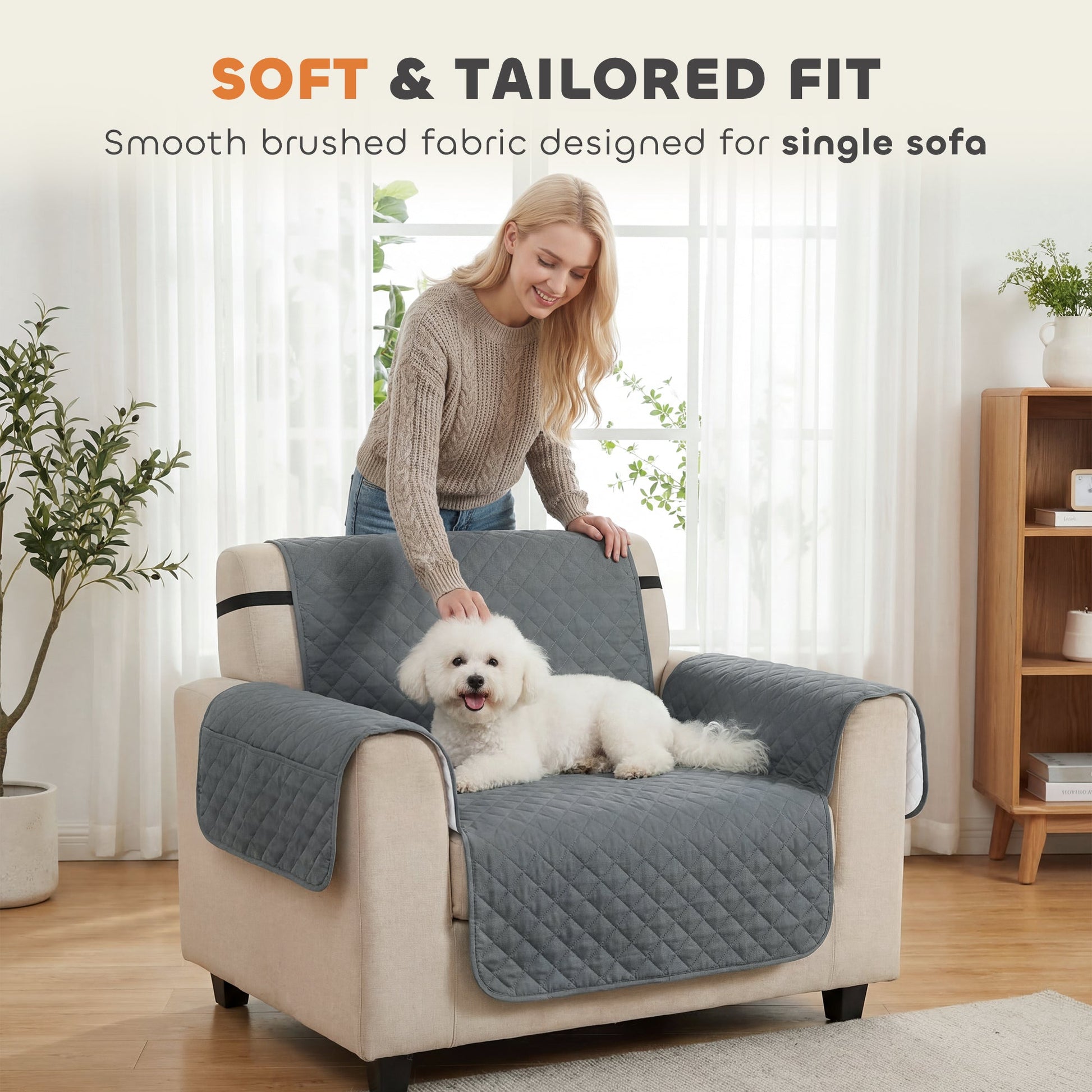 Waterproof Sofa Cover, Soft Couch Cover for Dogs Cats Pets, Non Slip Sofa Slipcoevr with Elastic Straps Furniture Protector for Living Room, Grey