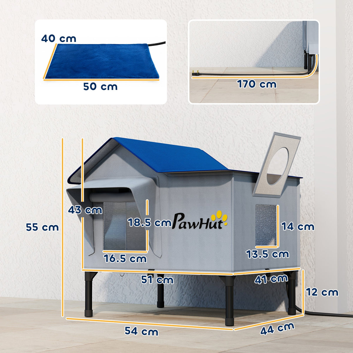 Heated Cat House Weatherproof with Heated Pad for Feral & Stray Cats, Outdoor Cat Shelter with Escape Door, 5 cm Elevated Base, Rainproof Roof