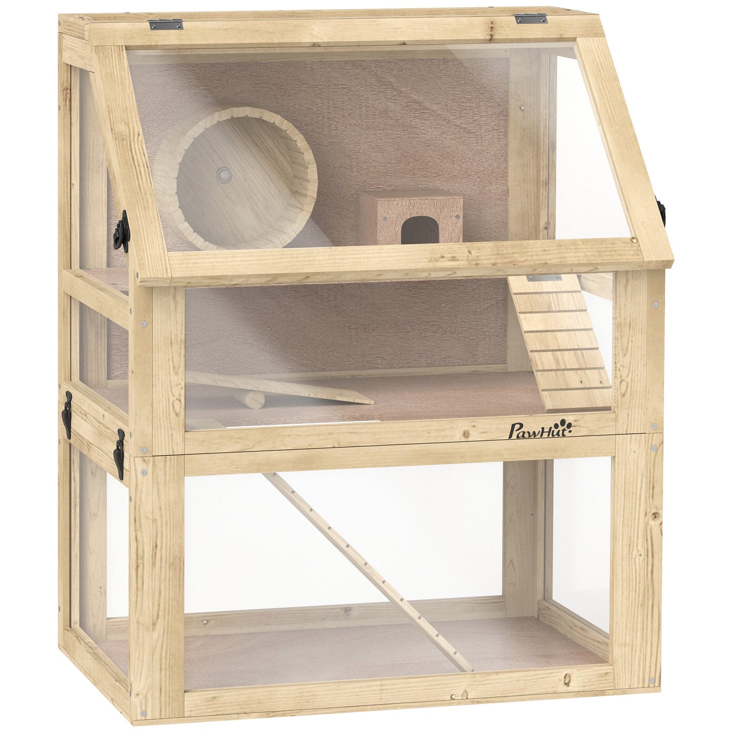 Wooden Hamster Cage, 3 Tier Gerbil Cage with Detachable 32cm Deep Bottom, Hut, Seesaw, Exercise Wheel, Ramps, Natural Wood Finish