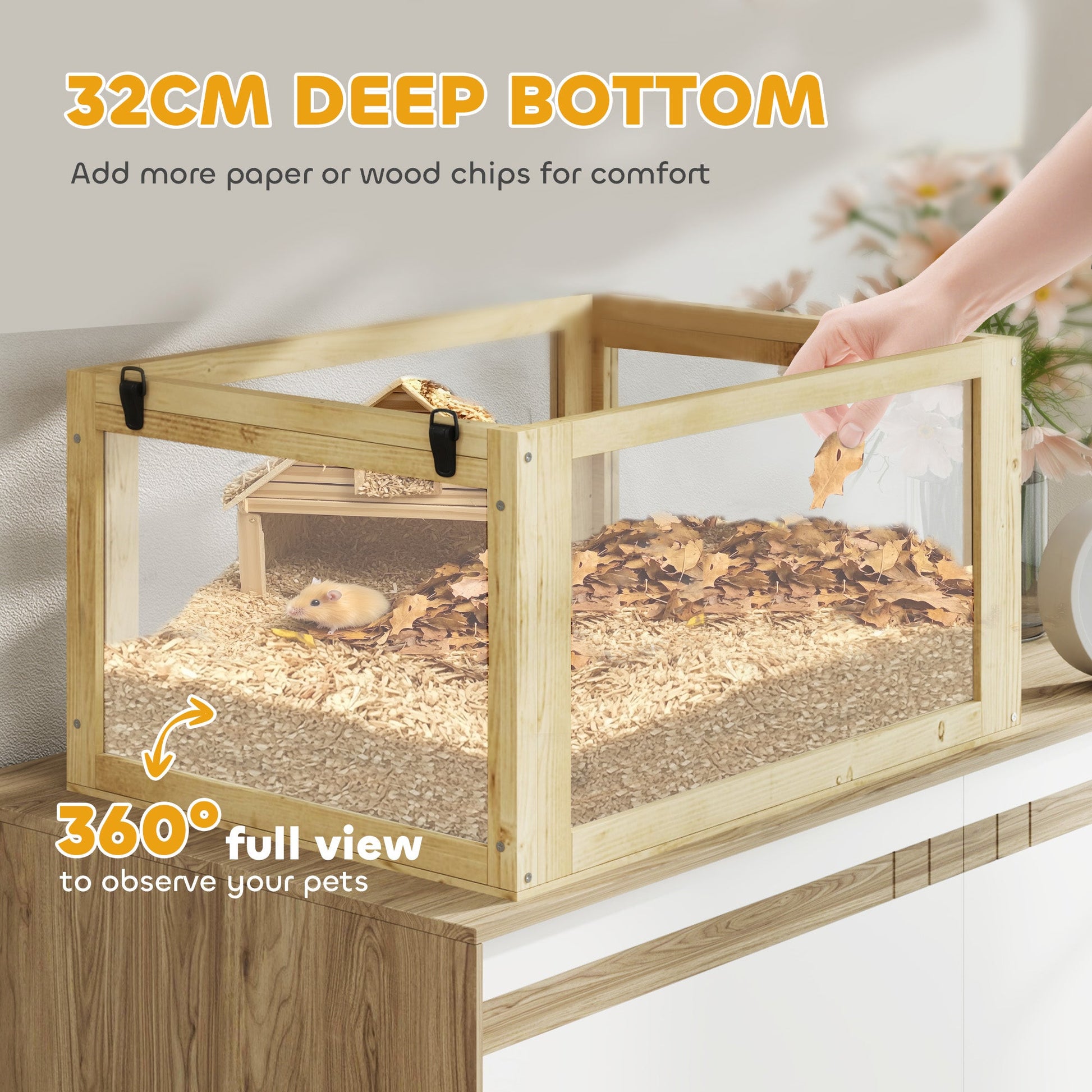 Wooden Hamster Cage, 3 Tier Gerbil Cage with Detachable 32cm Deep Bottom, Hut, Seesaw, Exercise Wheel, Ramps, Natural Wood Finish